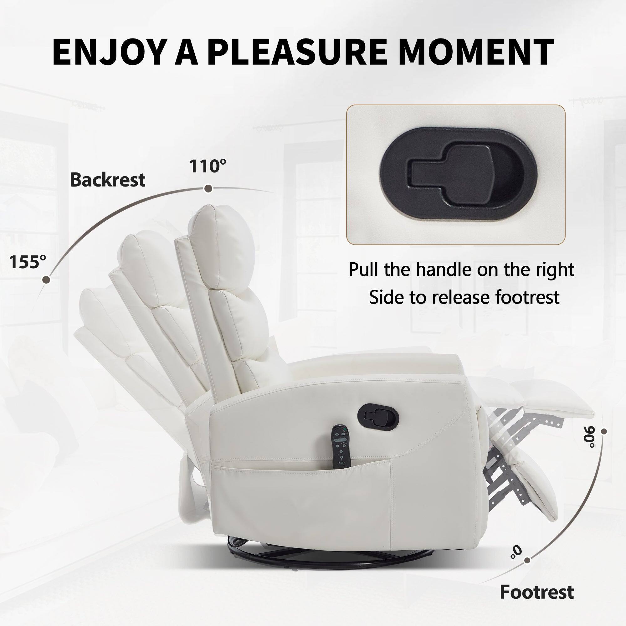 ENJOY A PLEASURE MOMENT

Backrest
110°
155°

Footrest
0°
90°

Pull the handle on the right side to release footrest