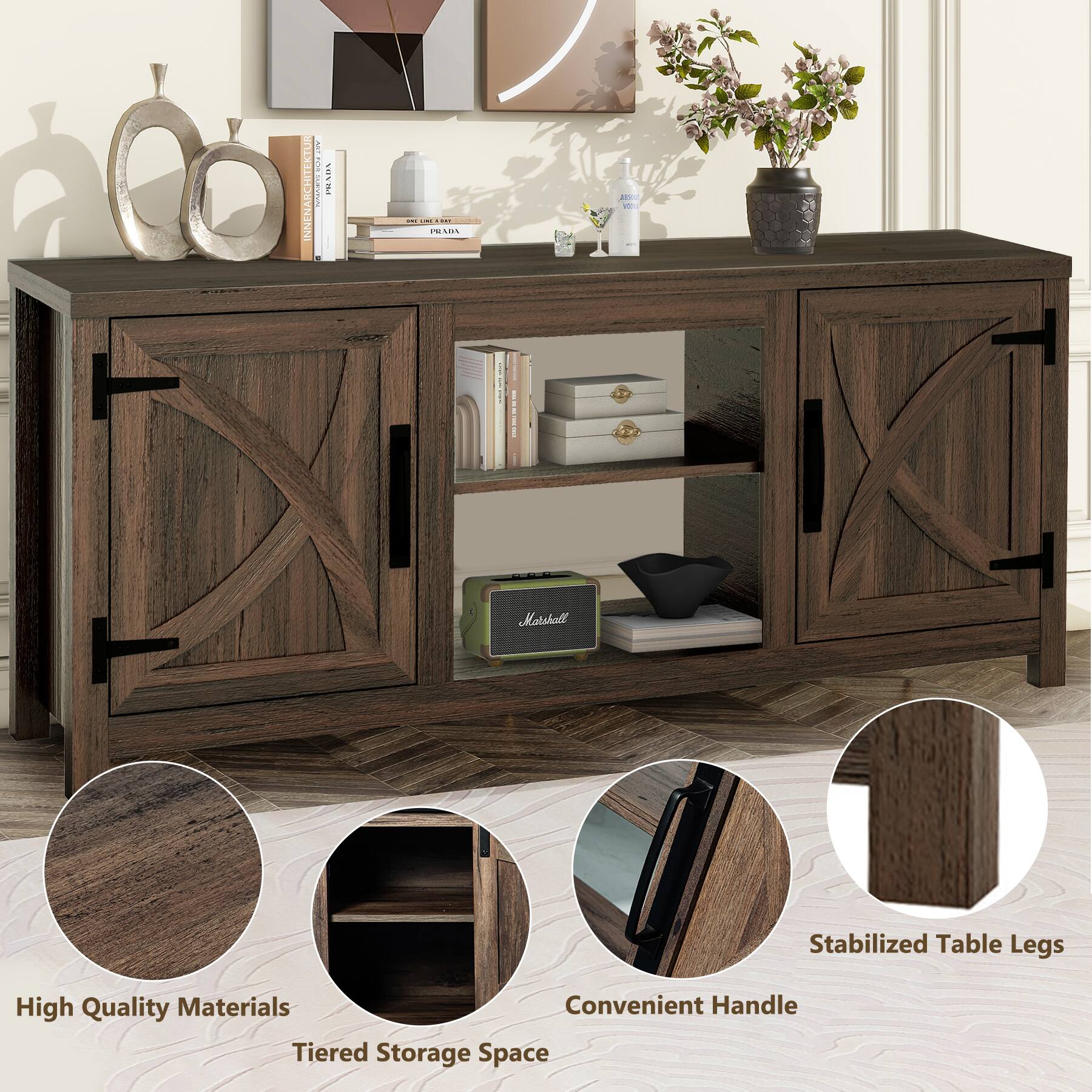 - High Quality Materials
- Tiered Storage Space
- Convenient Handle
- Stabilized Table Legs