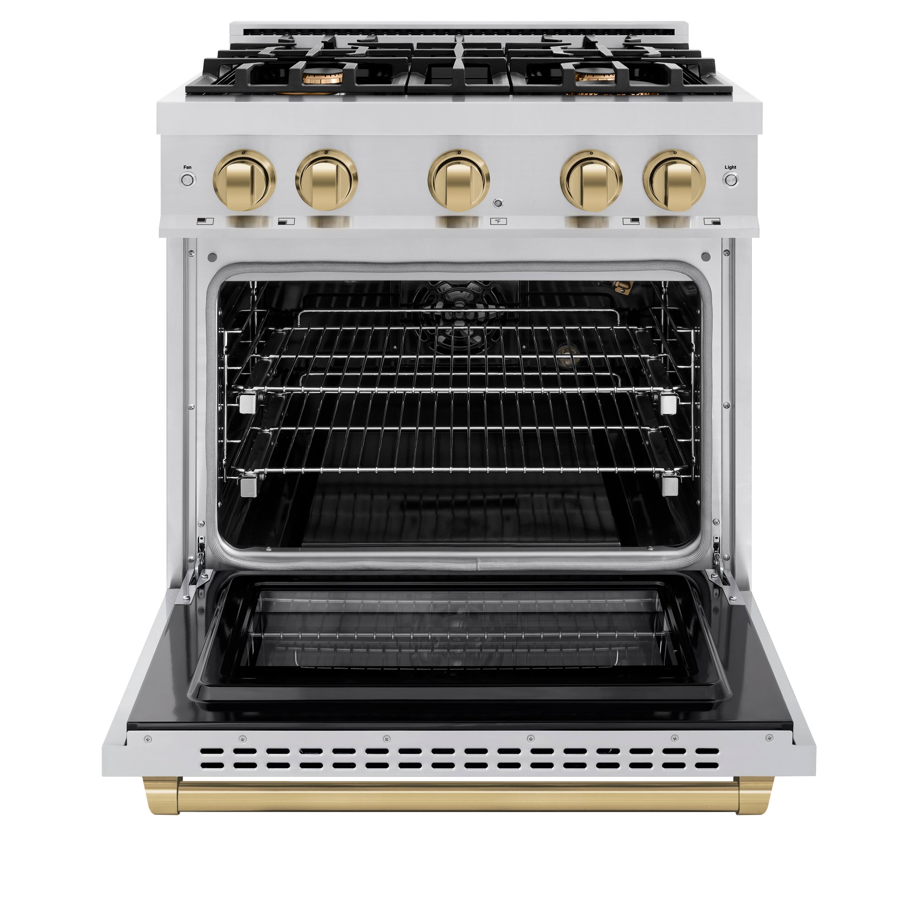 Left. ZLINE - ZLINE Autograph 30 in. 4.2 cu. ft. Freestanding Select Gas Range w/ 4 Burners & Champagne Bronze Accents (HGRZ-30-CB) - Stainless Steel.