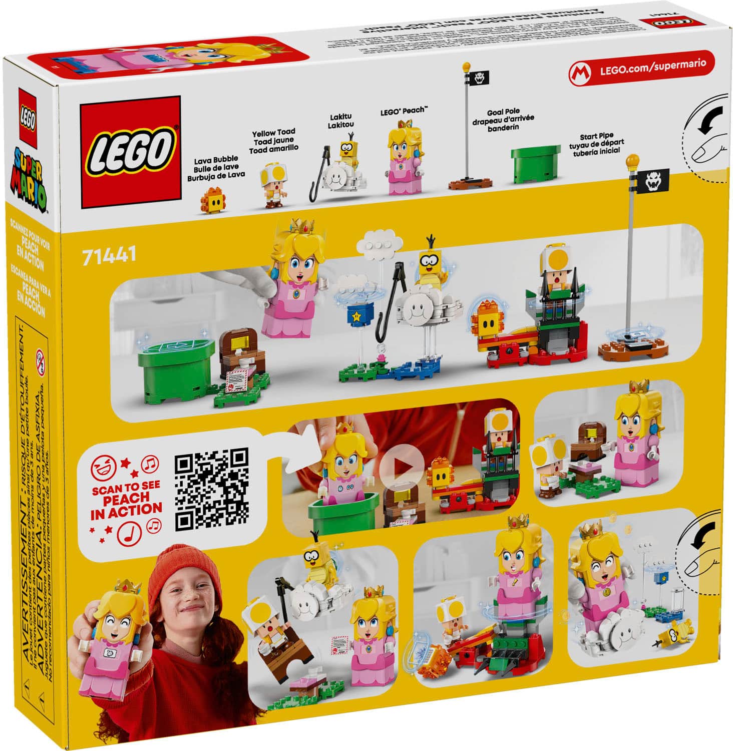 PNE TEOO M LEGO.com/supermario 1500 Yellow Toad Toad amarillo SUP Lava Bubble ER Bulle de lave de Lava Burbuja MARIO SGARCL Yo PEACH a EN 71441 CANEA ACTION ANANDAT PEACH PA T E VRH ASPINIA | a MN : CUO SEE J SCAN TO RSO PEACH IN ACTION CIA | VH ! Lakitu Lakitou LEGO Peach" Goal Pole drapeau d'arrive banderin Start Pipe tuyau de dpart tuberio Inioial