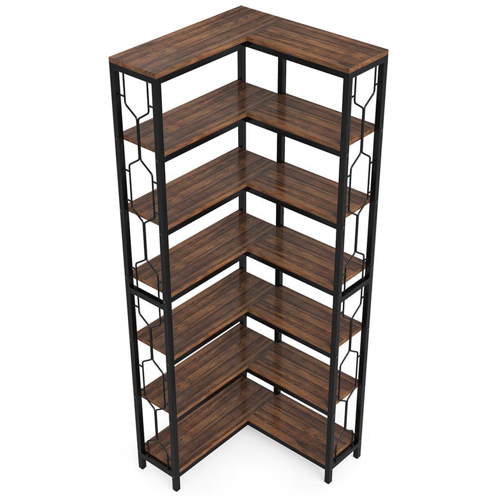 Left. Kadyn - Kadyn Bookshelf, Storage Shelf, Bookcase,7-Tier Corner Bookshelf, Industrial Corner Etagere Bookcase,Rustic Brown - Rustic Brown.