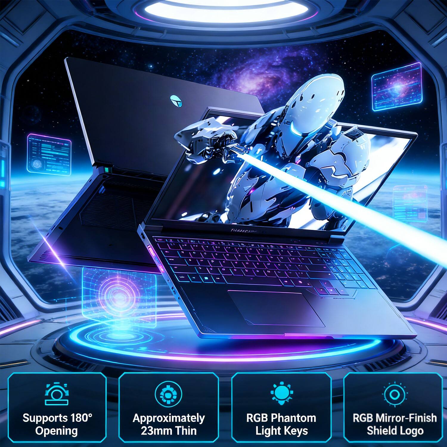 - Supports 180° Opening
- Approximately 23mm Thin
- RGB Phantom Light Keys
- RGB Mirror-Finish Shield Logo