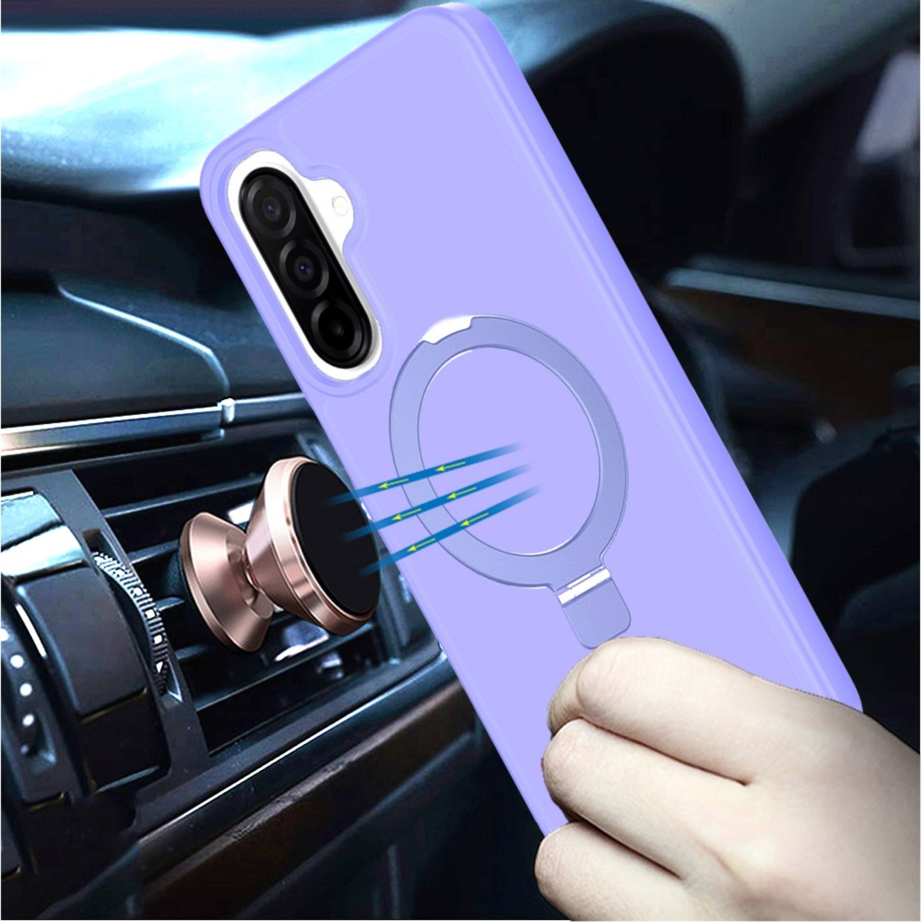Angle. Kitcheniva - Rugged Metal Circle Ring Stand Phone Case With Tempered Glass For Samsung Galaxy A57 5G Light Purple - Light Purple.