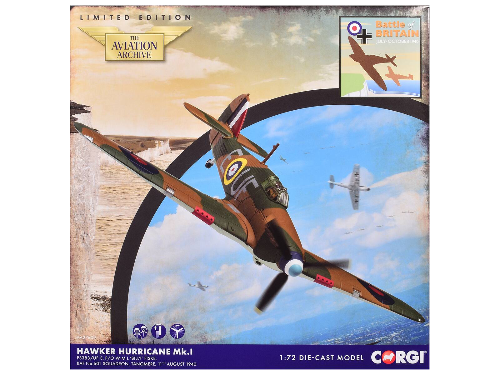 LIMITED EDITION  
THE AVIATION ARCHIVE  
Battle of BRITAIN  
JULY-OCTOBER 1940  

HAWKER HURRICANE Mk.I  
P3383/UF-E  
P/O W M L "BILLY" FISKE, RAF No 601 SQUADRON, TANGMERE, 11th AUGUST 1940  

1:72 DIE-CAST MODEL  

AA27609  

CORGI
