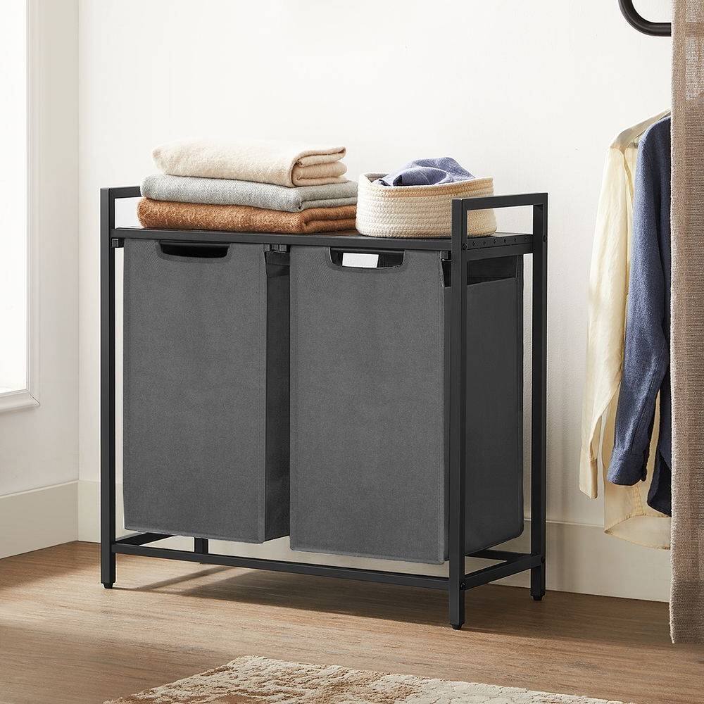 Angle. Hivvago - Modern 2-Basket Laundry Hamper Sorter Black Frame Rustic Brown Top Shelf - Rustic Brown.