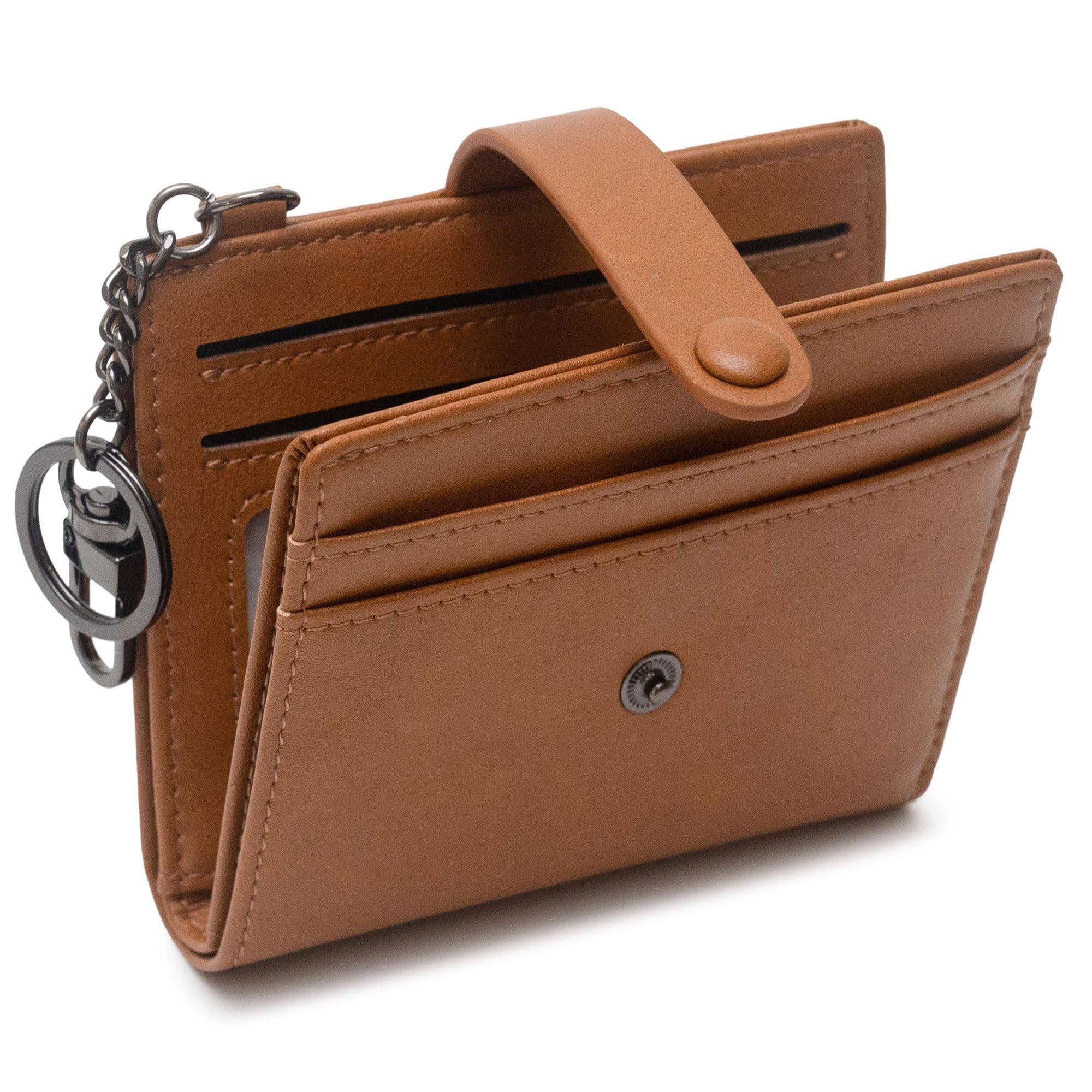 Front. Jadie Link - Slim Keychain Wallet Women Rfid Blocking Small Bifold Travel Credit Card Holder black Sleek Compact Design Ultra-thin - Brown.