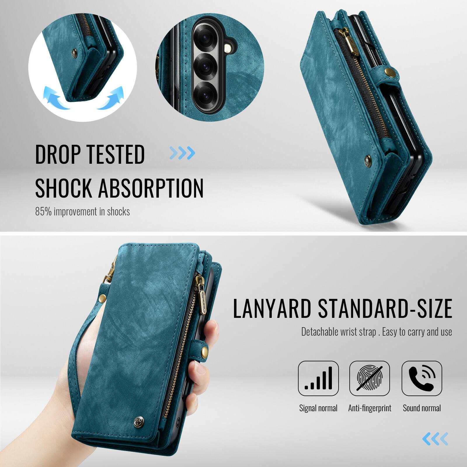 DROP TESTED >>> SHOCK ABSORPTION  
85% improvement in shocks  

LANYARD STANDARD-SIZE  
Detachable wrist strap  
Easy to carry and use  

Signal normal  
Anti-fingerprint  
Sound normal