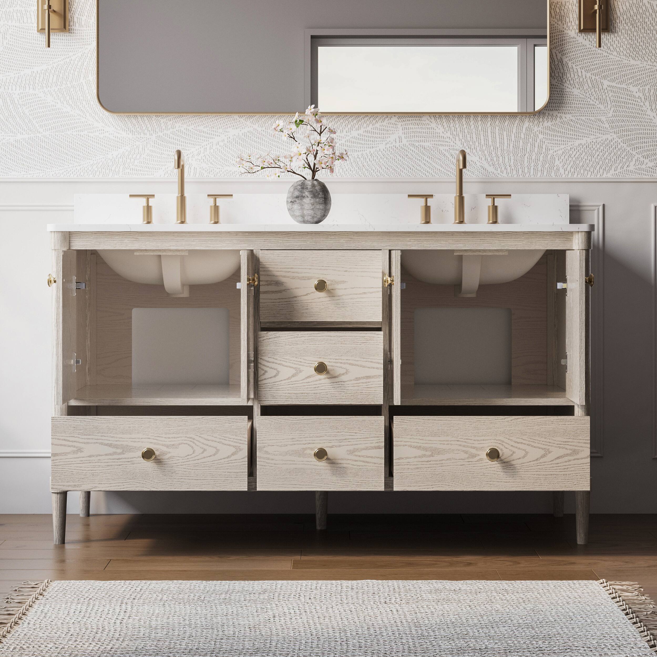 Back. WELLFOR - ETHAN 60 in. Solid Wood Bath Vanity with Quartz Top, Double Sink, Soft Close, Assembled - OAK.