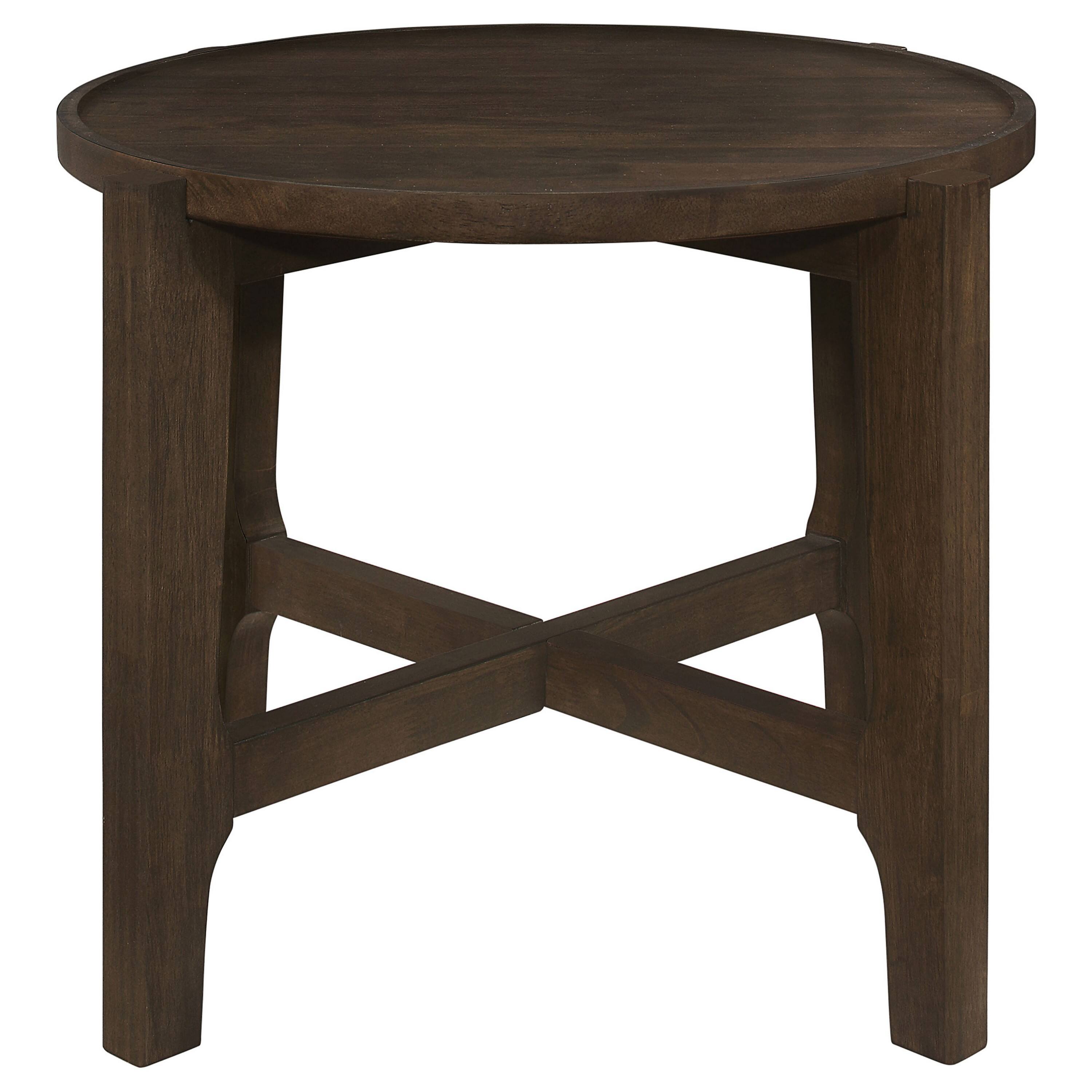 Angle. Manhattan Lane - Katie End Table, Round 26 Inch Top, Solid Wood, Cross Beam Legs - Brown.