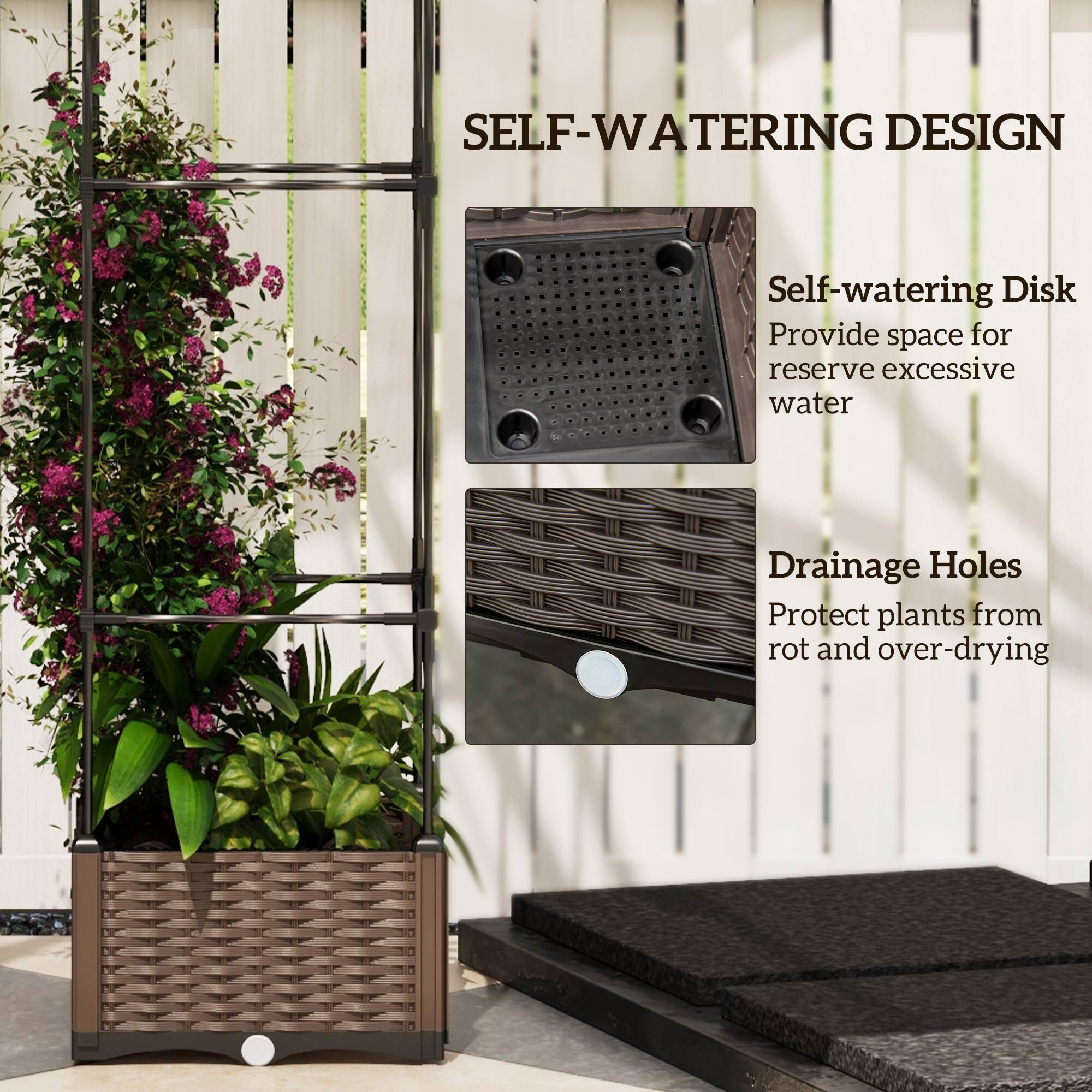 SELF-WATERING DESIGN

Self-watering Disk
Provide space for reserve excessive water

Drainage Holes
Protect plants from rot and over-drying