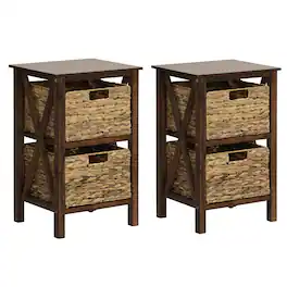 Costway - 2 PCS 2-Tier Nightstand with 2 Seagrass Baskets Rubber Wood X-Shaped Frames 2 Drawers - Walnut/Natural