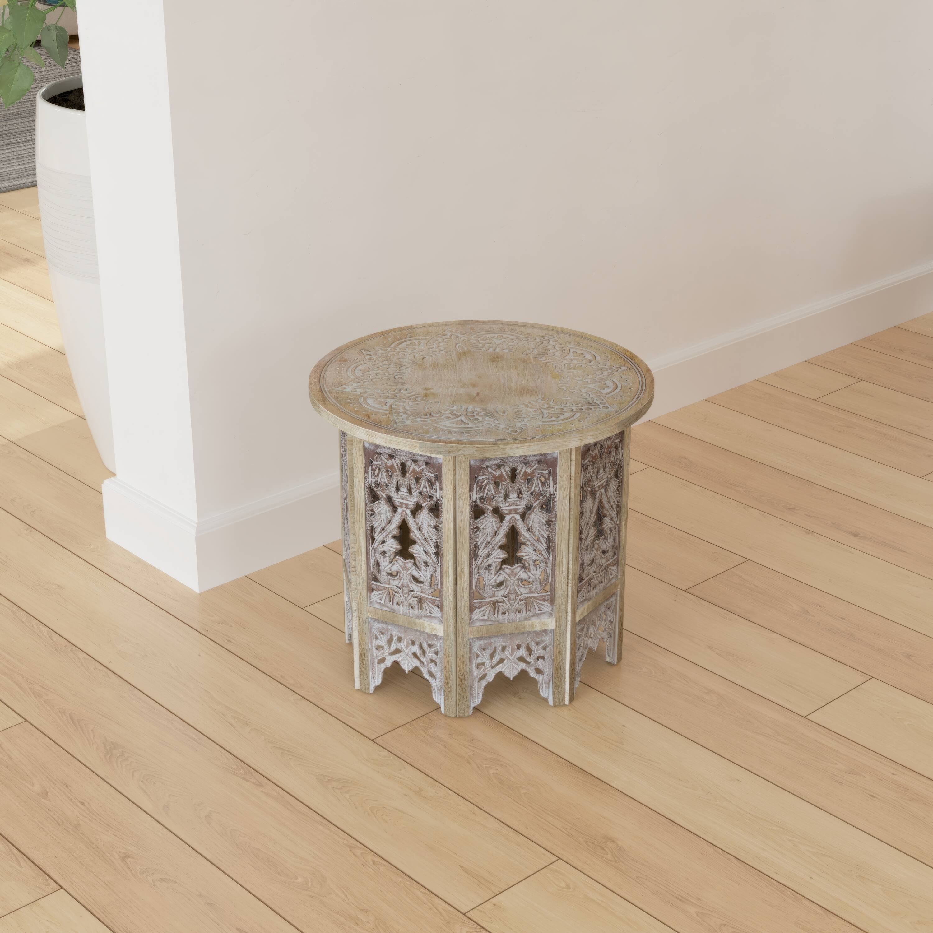 Alt View 5. Manhattan Lane - Accent Side Table, 24 Inch Round Top, Mango Wood Floral Cut Out Carved Motifs - Natural Brown, Washed White.
