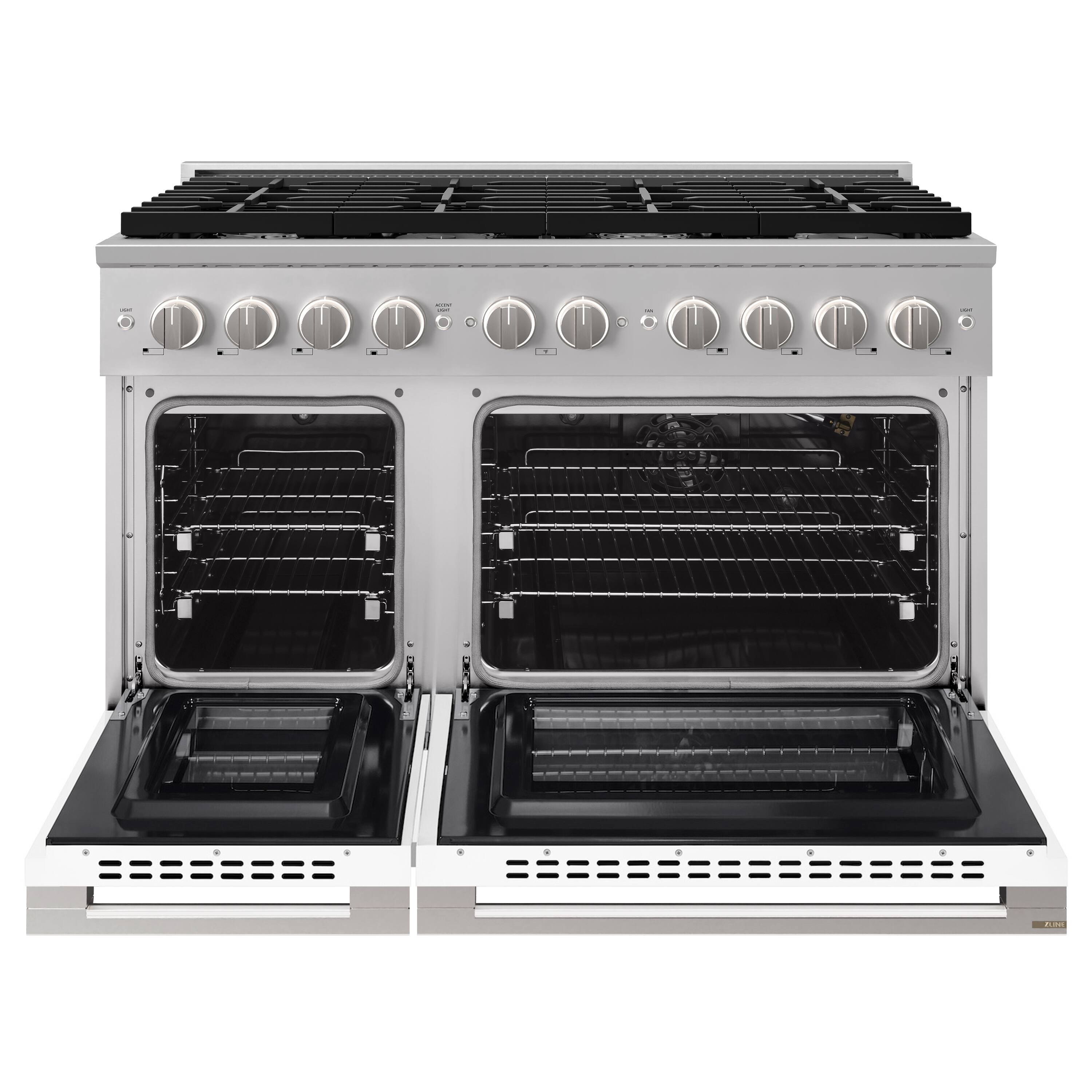 Angle. ZLINE - 48 in. 6.7 cu. ft. Marino Freestanding Double Oven Gas Range with 8 Burner Cooktop with White Matte Doors - White Matte.