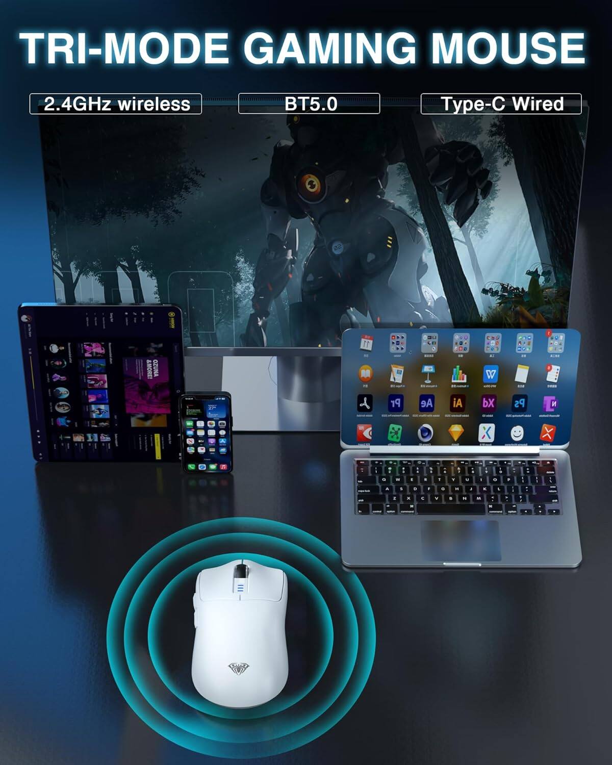 TRI-MODE GAMING MOUSE

2.4GHz wireless BT5.0 Type-C Wired