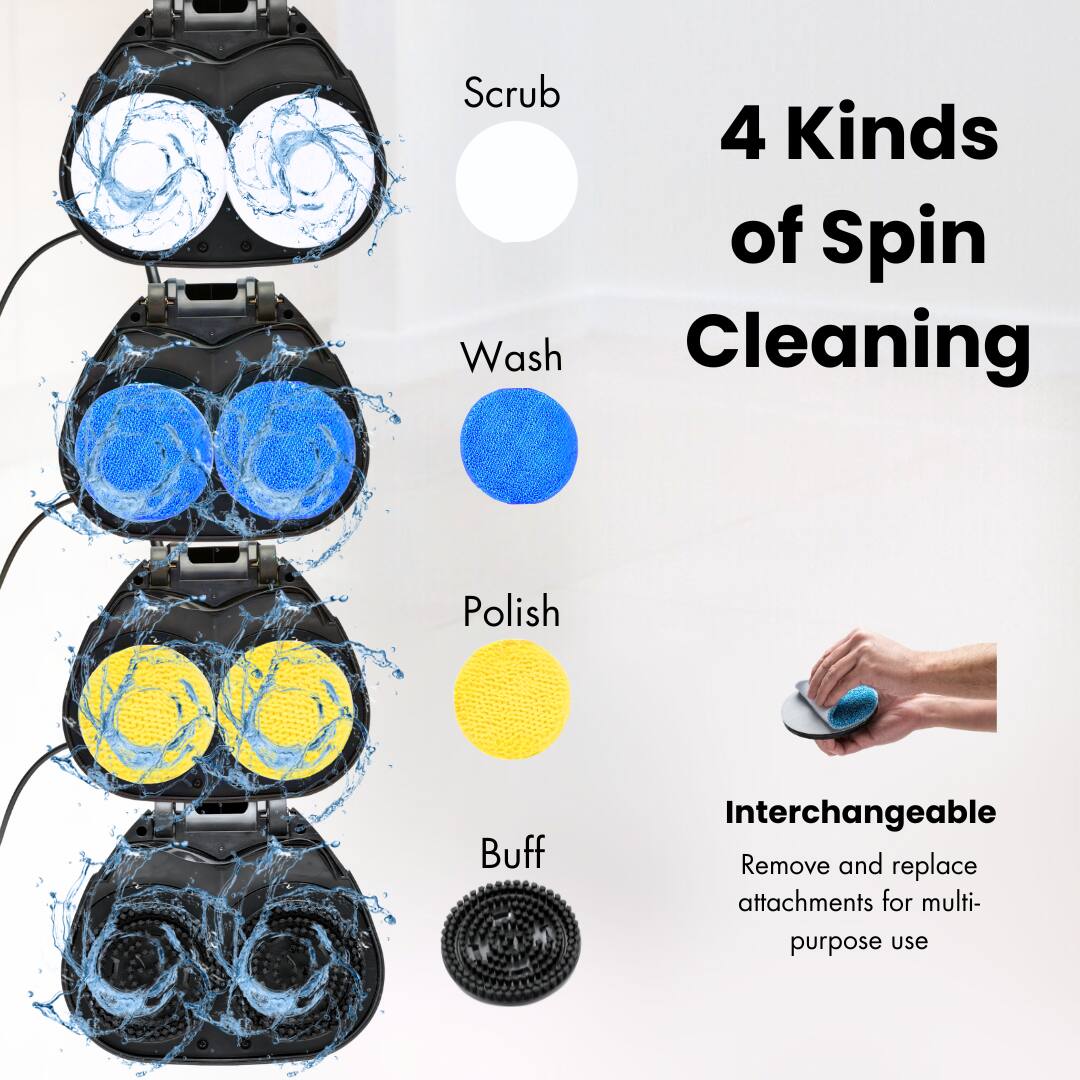 4 Kinds of Spin Cleaning, Scrub, Wash, Polish, Buff, Interchangeable, Remove and replace attachments for multi-purpose use
