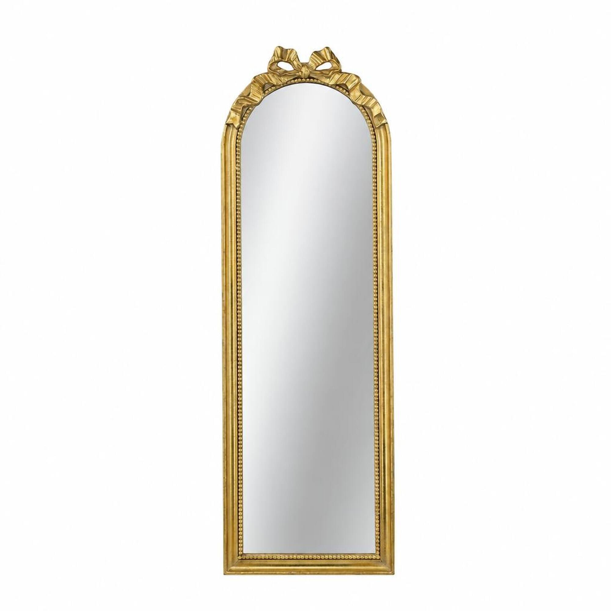 Front. RYHNUYNE - Arched Full Length Mirror, 15.8 x 48.8 in, Gold Finish, Scrollwork Crown, Resin and MDF Frame, Wall Mounted - Gold.