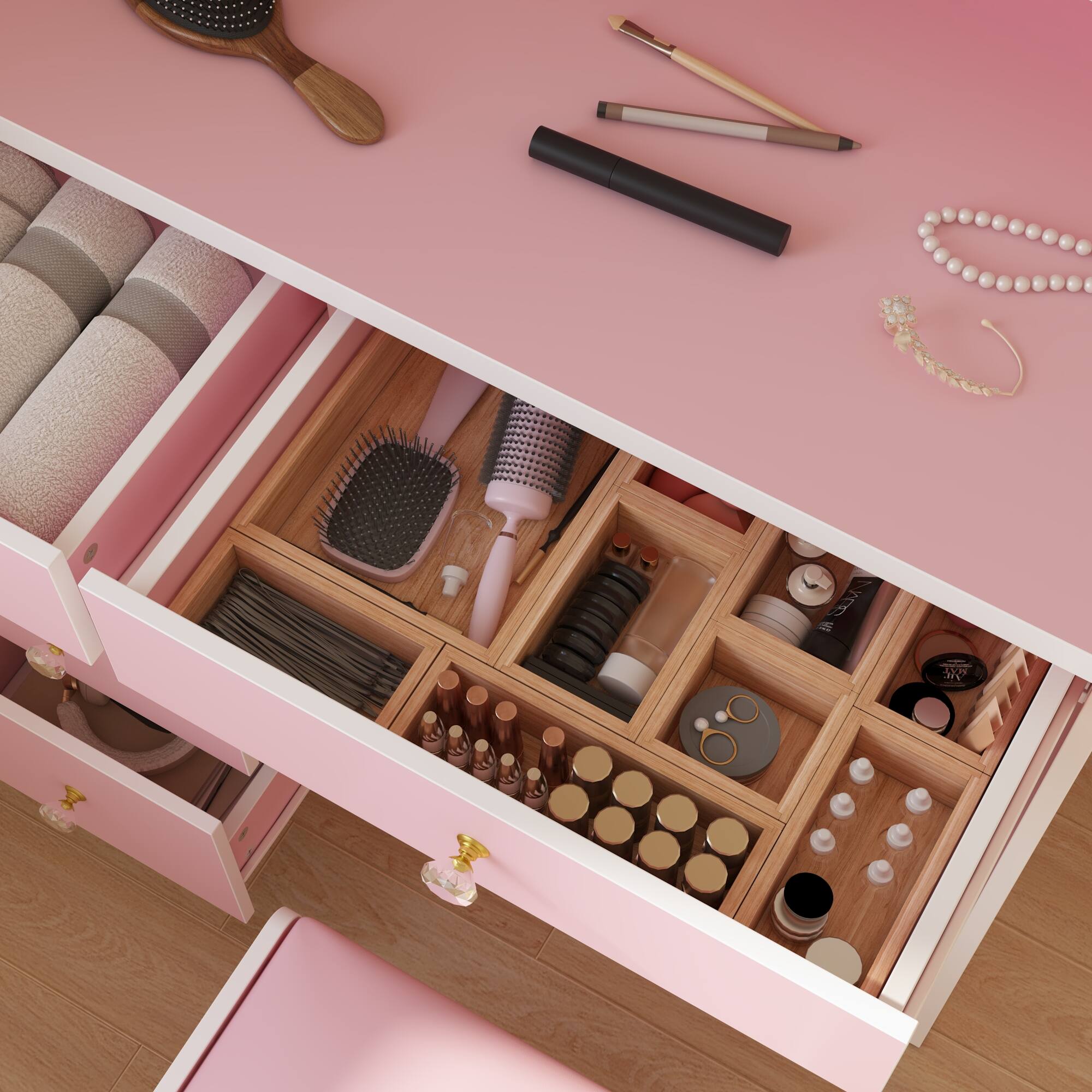Alt View 4. Famapy - Luxury Vanity Table & Dresser Set: Premium Makeup Organizer with Stool - Pink.