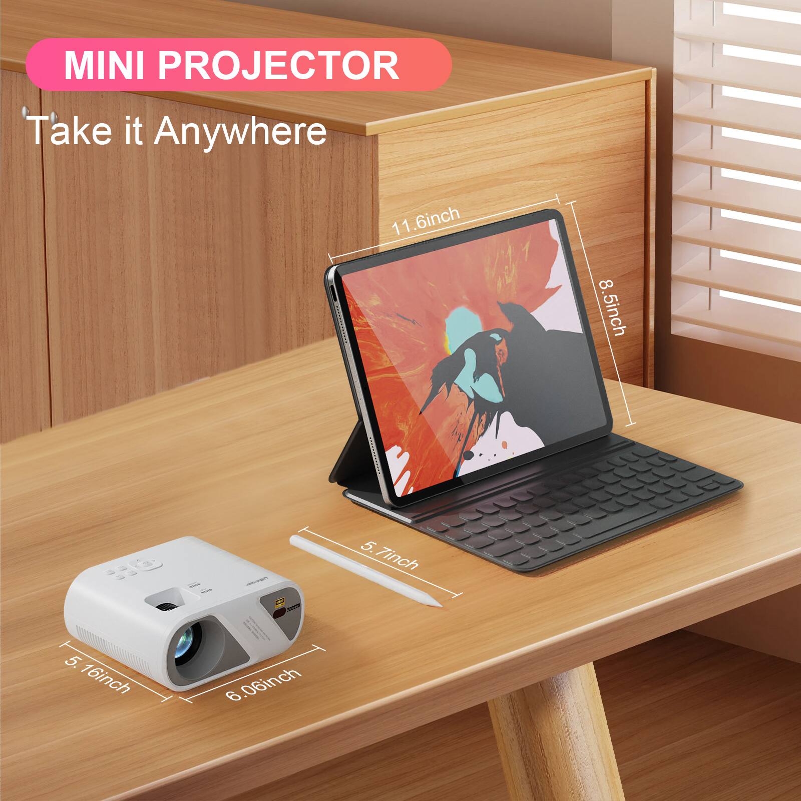 MINI PROJECTOR  
Take it Anywhere  

11.6 inch  
8.5 inch  
5.7 inch  
5.16 inch  
6.06 inch
