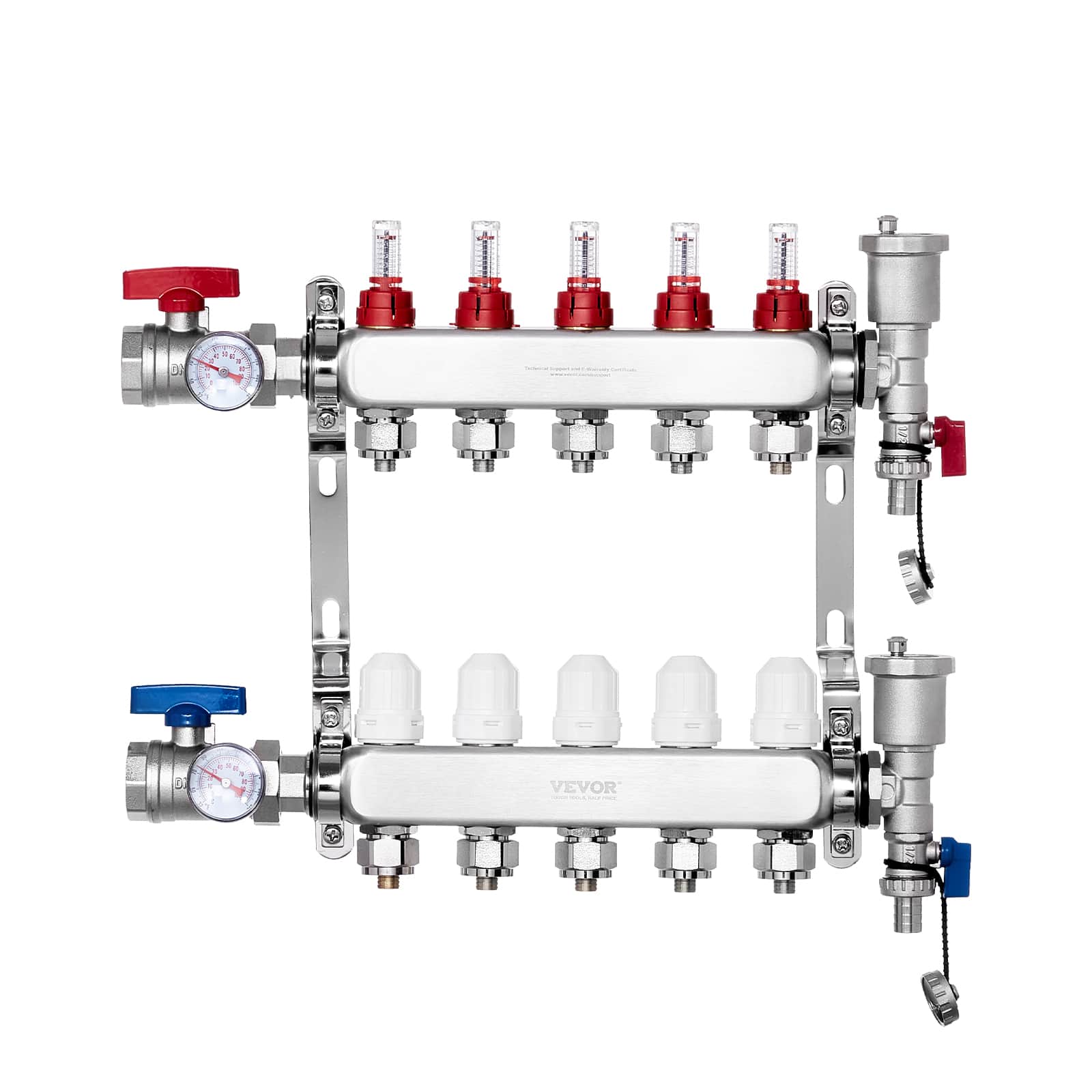VEVOR - 5-Branch Radiant Heat Manifold, 1/2" PEX Tubing Manifold,Stainless Steel PEX Manifold for Hydronic Radiant Floor Heating - Silver