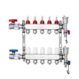 VEVOR - 5-Branch Radiant Heat Manifold, 1/2" PEX Tubing Manifold,Stainless Steel PEX Manifold for Hydronic Radiant Floor Heating - Silver
