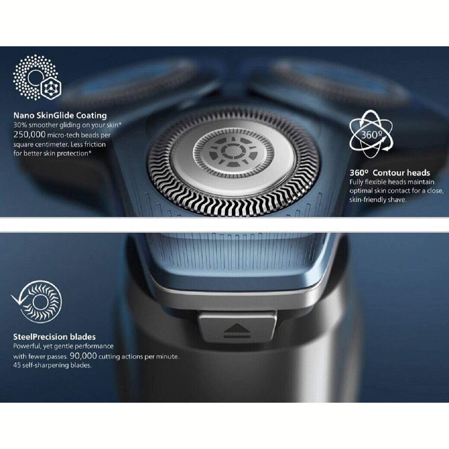 Nano SkinGlide Coating  
30% smoother gliding on your skin*  
250,000 micro-tech beads per square centimeter. Less friction for better skin protection*  

360° Contour heads  
Fully flexible heads maintain optimal skin contact for a close, skin-friendly shave.  

SteelPrecision blades  
Powerful, yet gentle performance with fewer passes  
90,000 cutting actions per minute.  
45 self-sharpening blades.