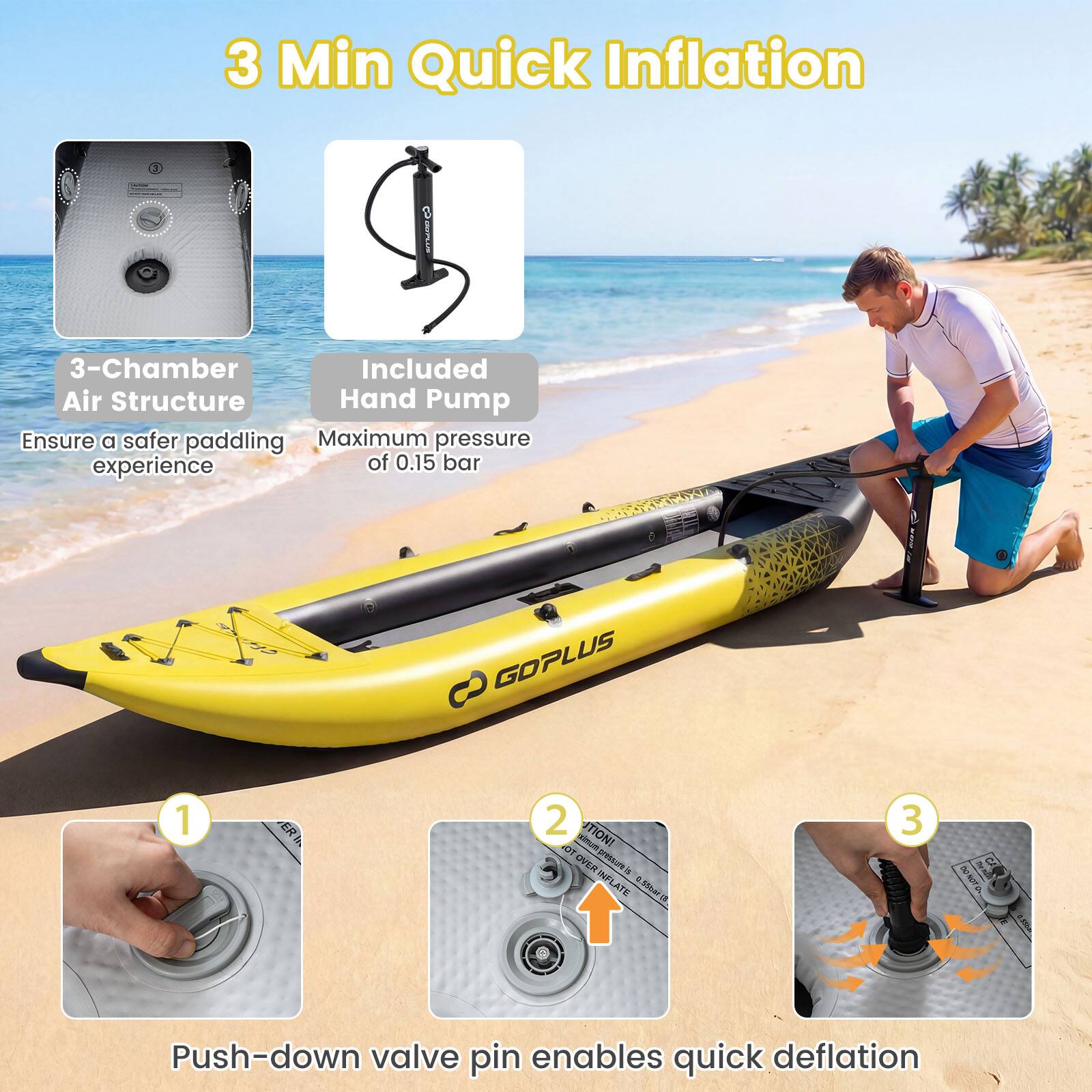 3 Min Quick Inflation

3-Chamber Air Structure
Ensure a safer paddling experience

Included Hand Pump
Maximum pressure of 0.15 bar

Push-down valve pin enables quick deflation