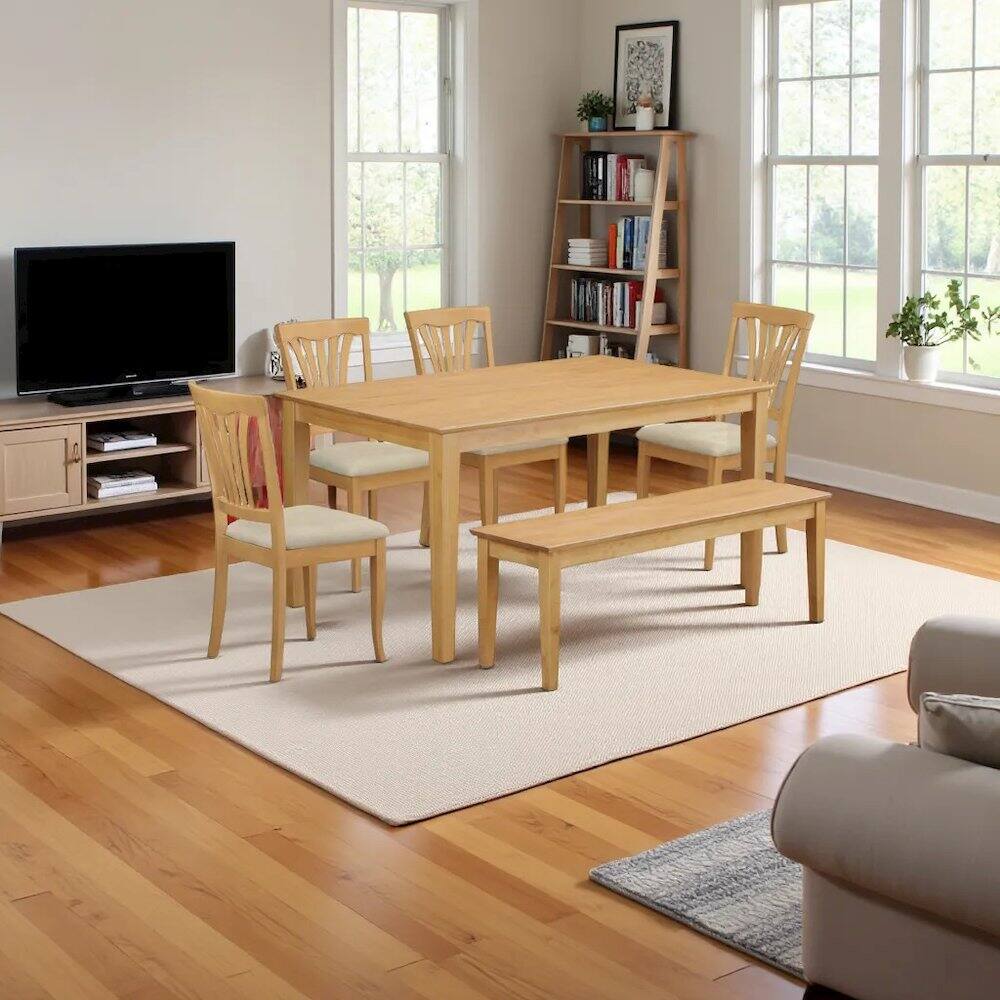 Alt View 1. FurniFact - Classic 6-Piece Dining Table Set with Chairs and Bench for Family Meals - Oak.