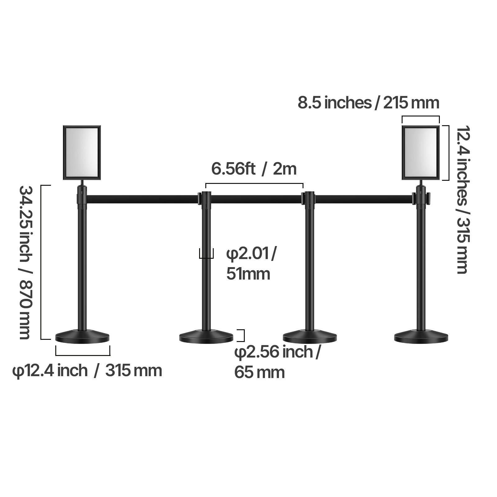4.25 inch / 108 mm  
34.25 inch / 870 mm  
12.4 inch / 315 mm  
8.5 inches / 215 mm  
6.56 ft / 2 m  
2.01 inch / 51 mm  
2.56 inch / 65 mm