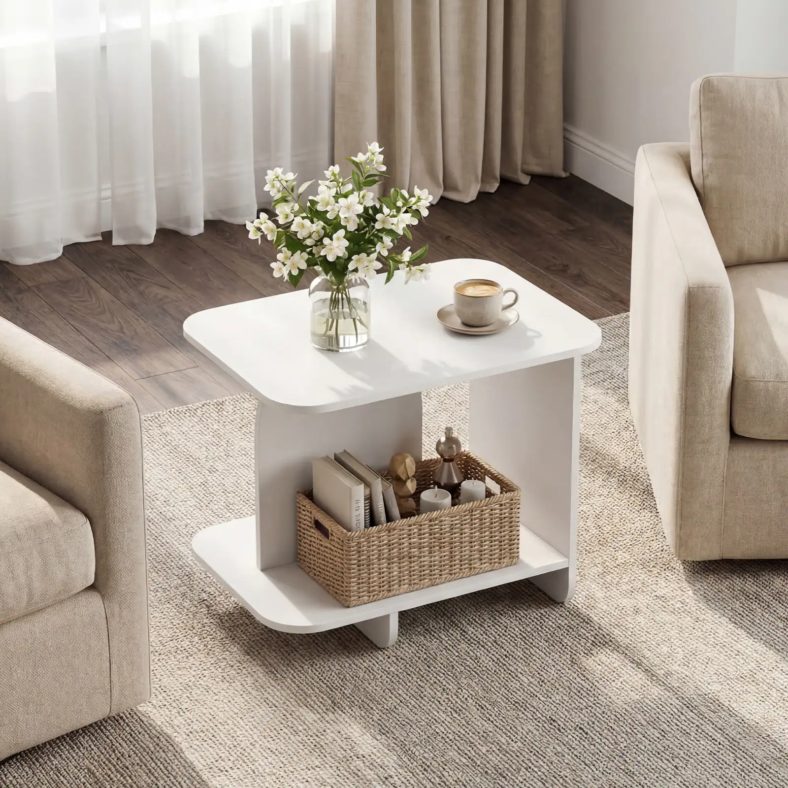 Alt View 1. Gymax - Gymax 2-Tier End Table Modern Side Table w/ Open Storage Shelf Wooden Nightstand - White.
