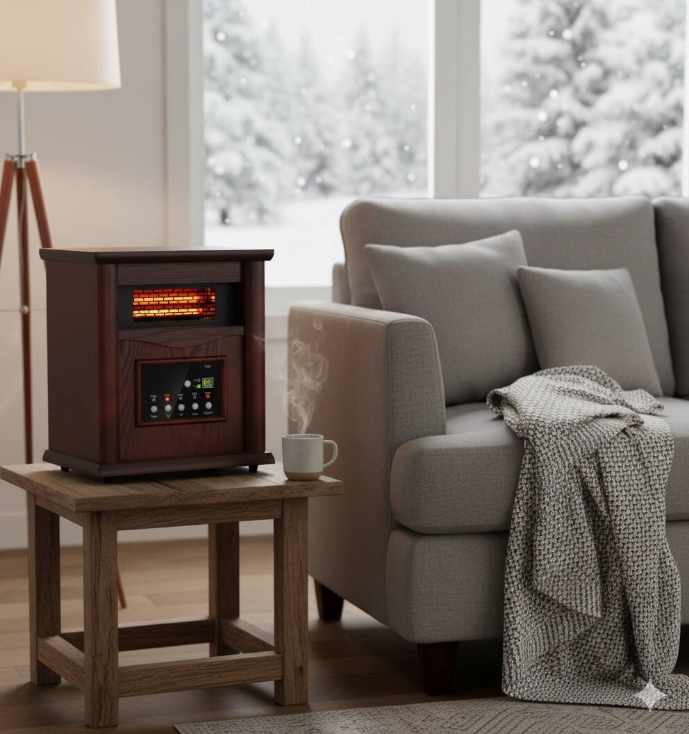 Left. Airo Comfort - Electric Infrared Space Heater – 1500W Quartz Heater for Indoor Use with Remote Control in Dark - Dark.