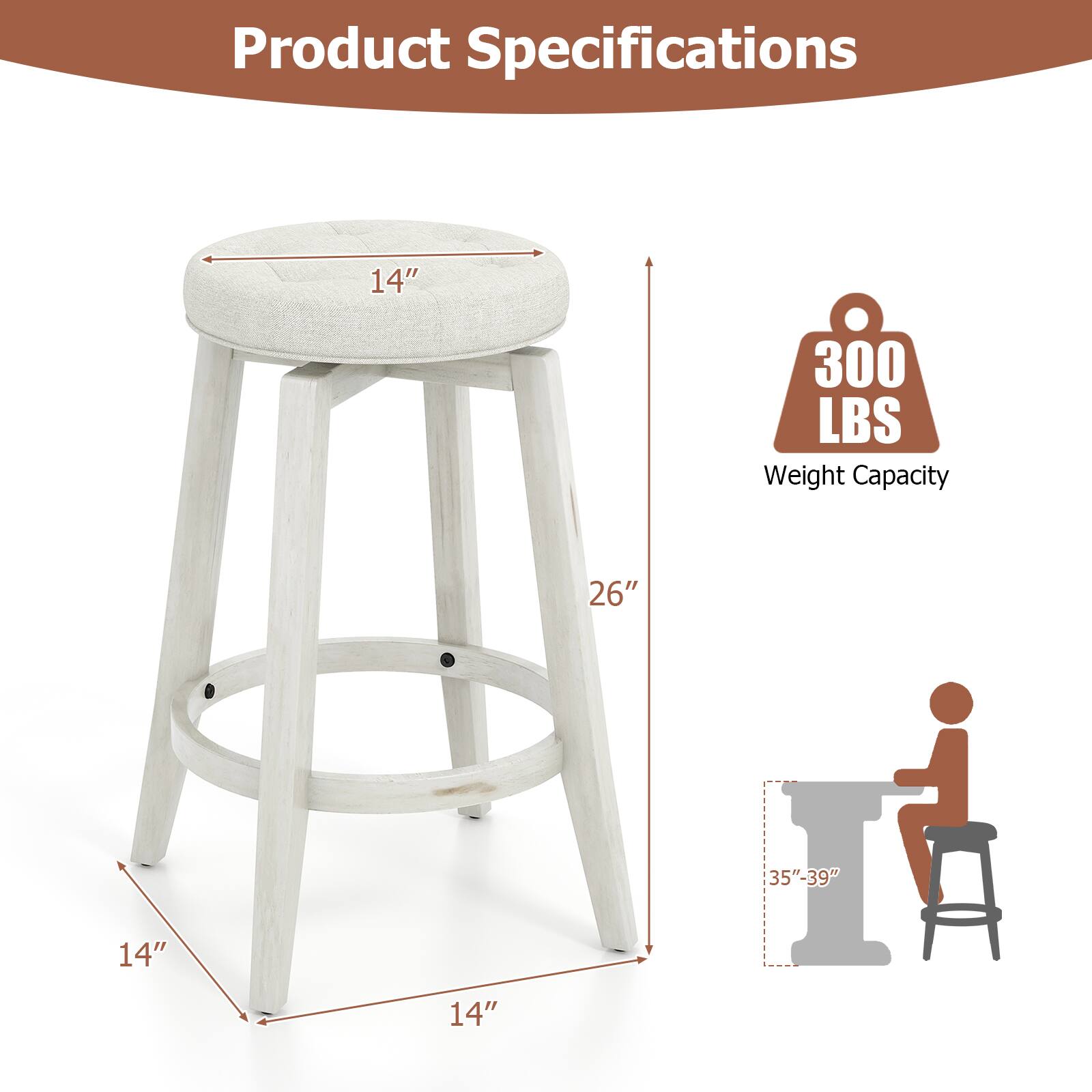 Product Specifications, 14", 300 LBS Weight Capacity, 26", 35"-39", 14", 14"