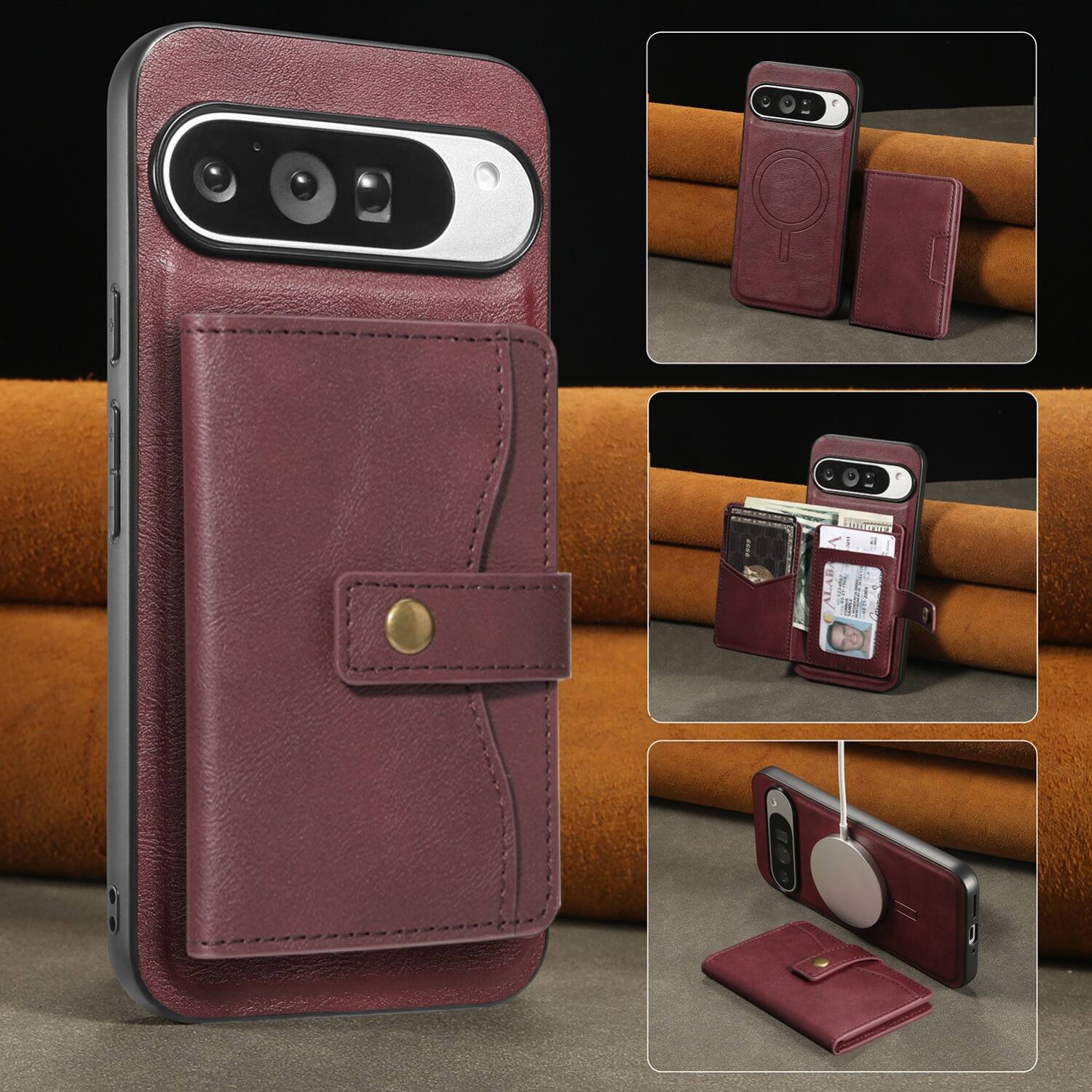 Alt View 1. Dteck - Shockproof Leather Phone Case for Google Pixel 11 Pro XL with Magnetic Wallet, 2-in-1 Detachable Card Holder Stand Cover - Winered.