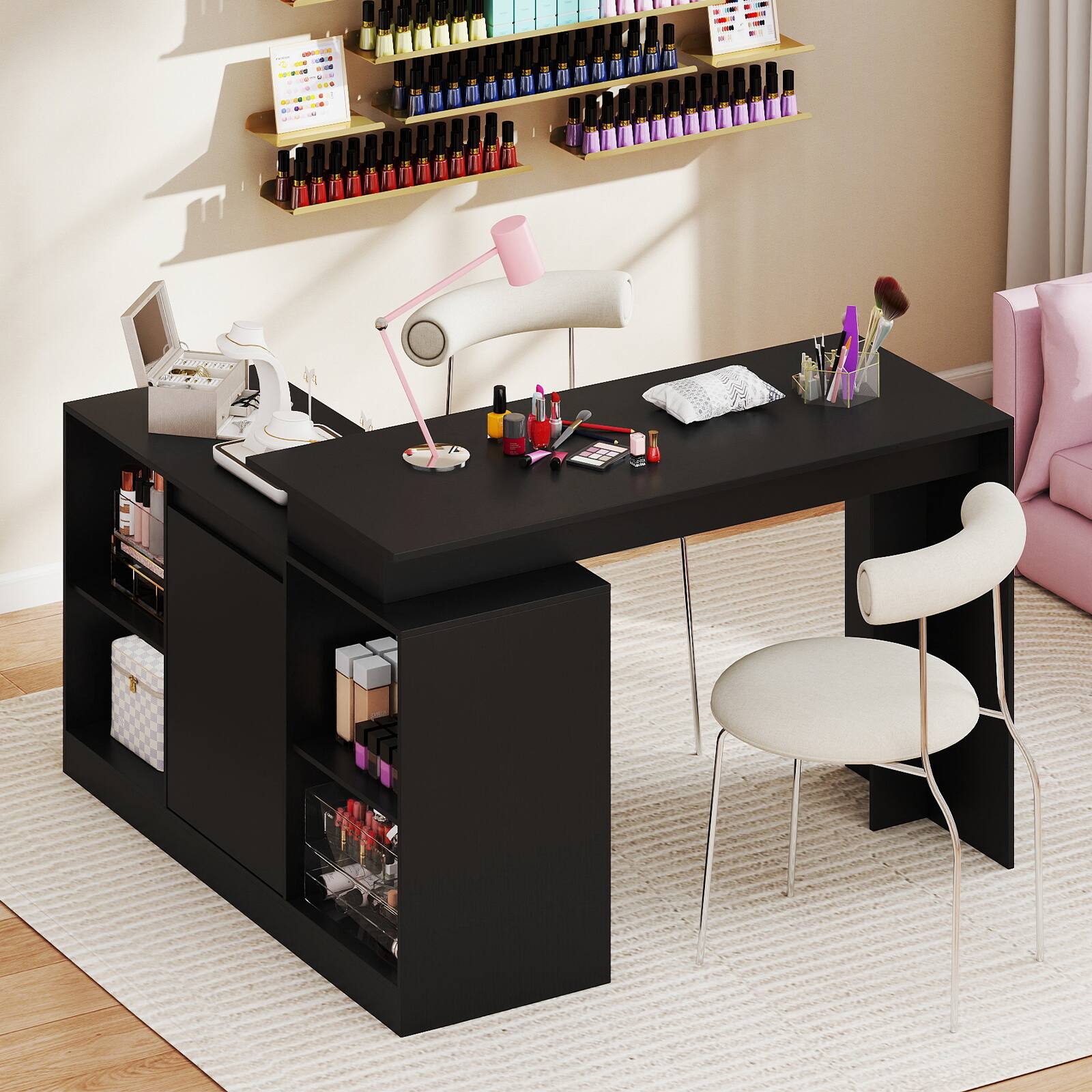 Alt View 1. Gymax - Gymax 48'' Reversible L-shaped Computer Desk w/2 Doors 4 Open Storage Cubes for Office Black - Black.