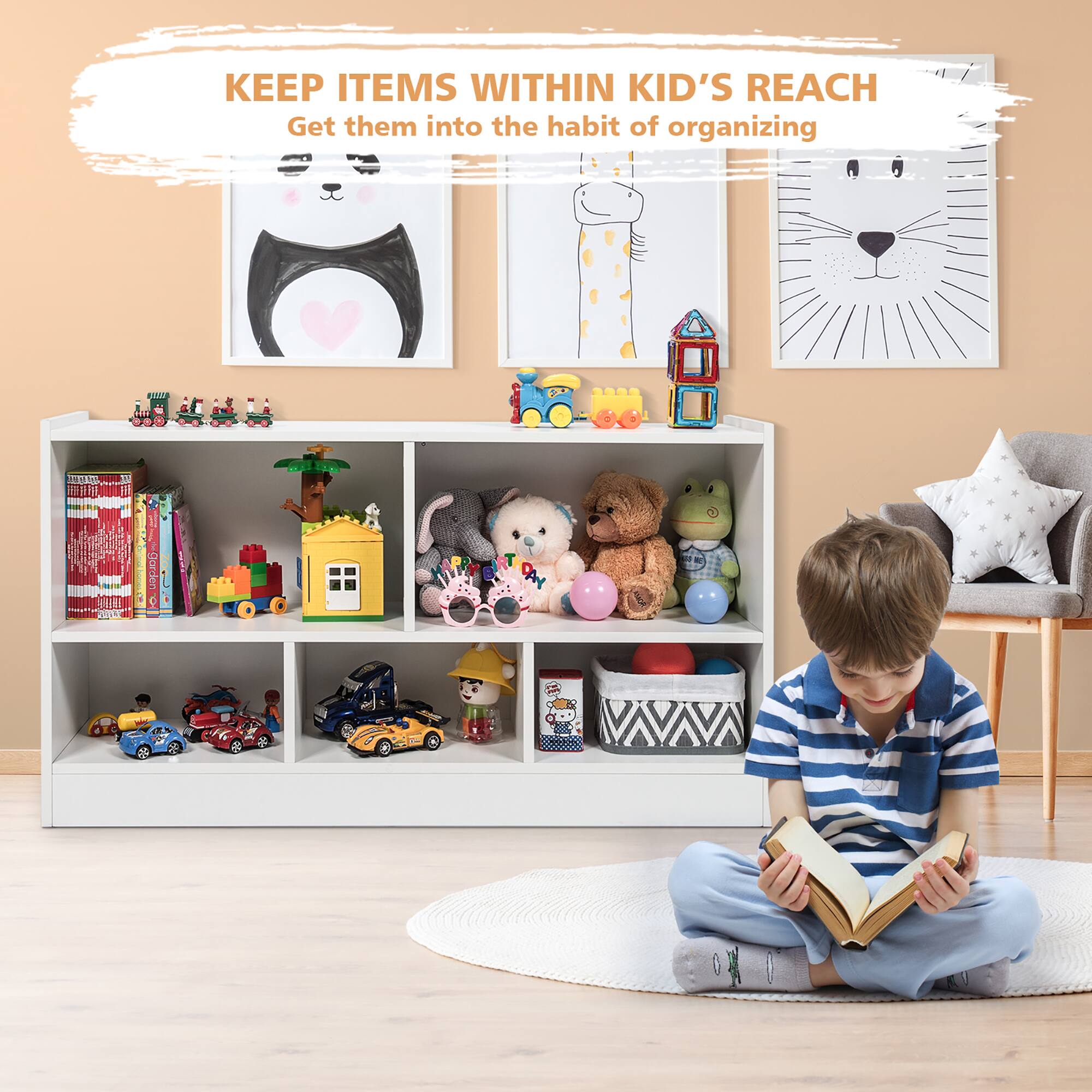 Keep items within kid's reach. Get them into the habit of organizing.