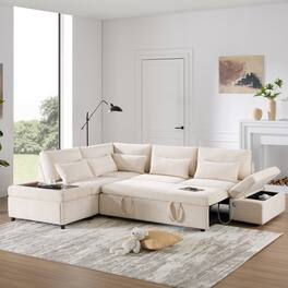 Boyel Living - L-Shaped Sectional Sofa Adjustable Armrest USB&Type-C Charging Beige Chenille - Beige