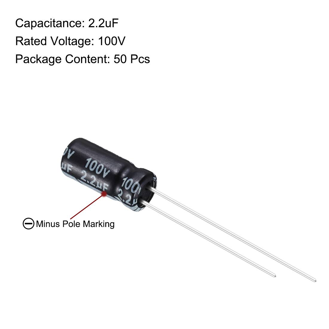 Capacitance: 2.2uF  
Rated Voltage: 100V  
Package Content: 50 Pcs  

V 100V  
2.2uF 100 2.2  

Minus Pole Marking