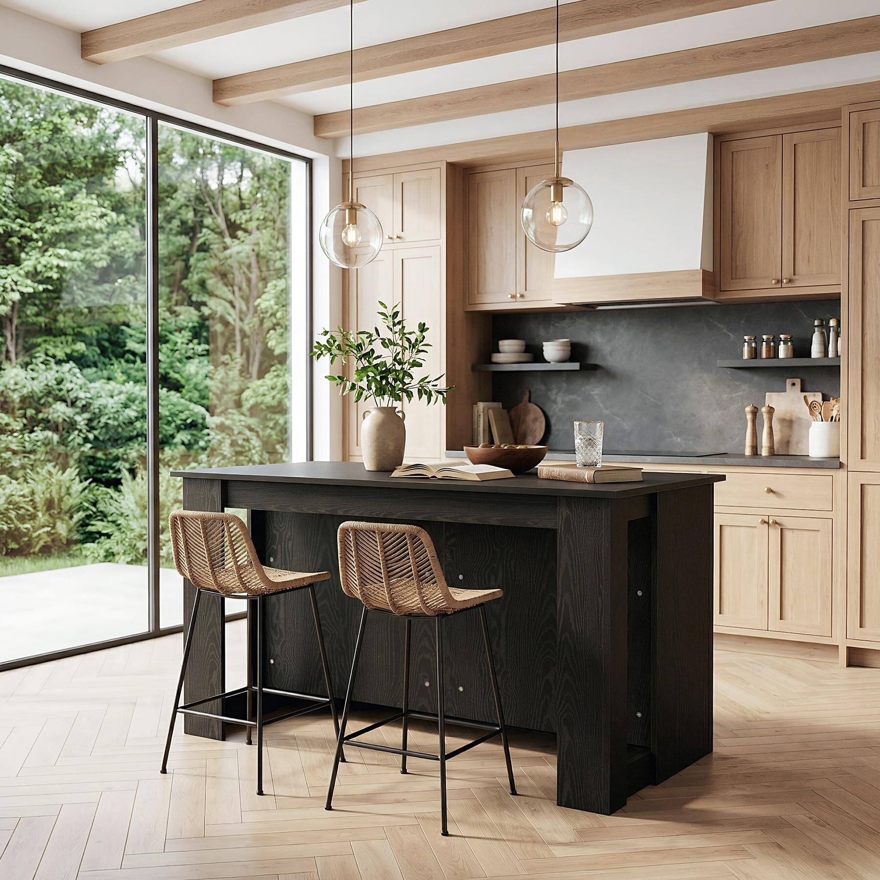 Left. Tribesigns - LITTLE TREE 55” Kitchen Island with Seating and Storage, Modern Black Wood Stationary Island Table with Large Worktop, 3 - Grey Black.