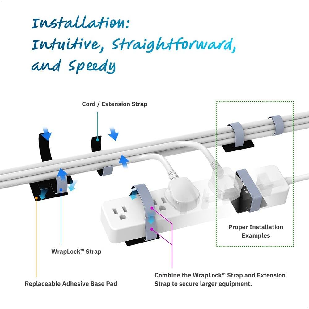 Installation: Intuitive, Straightforward, and Speedy

Cord / Extension Strap

WrapLock™ Strap

Replaceable Adhesive Base Pad

Combine the WrapLock™ Strap and Extension Strap to secure larger equipment.

Proper Installation Examples