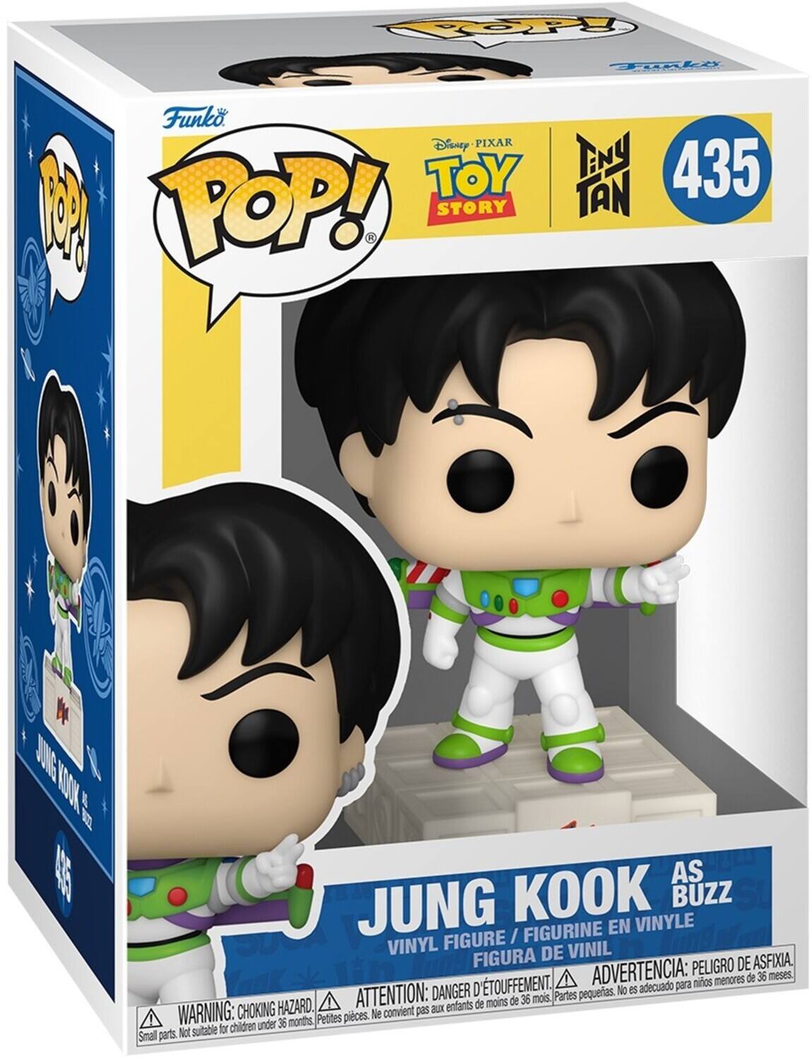 Sure, here is the corrected and grouped text from the image:

---

**Funko POP!**

**Disney PIXAR TOY STORY**

**TINY TAN**

**435**

**JUNG KOOK AS BUZZ**

**VINYL FIGURE / FIGURINE EN VINYLE / FIGURA DE VINIL**

**WARNING: CHOKING HAZARD. Small parts. Not suitable for children under 36 months.**

**ADVERTENCIA: PEIGRO DE ASFIXIA. Peligro de asfixia. No es adecuado para niños menores de 36 meses.**

**ATTENTION: DANGER D'ÉTOUFFEMENT. Ne convient pas aux enfants de moins de 36 mois.**

**Petites pièces.**

---

This text is organized to reflect the information on the packaging, including the brand, series, character, and safety warnings.