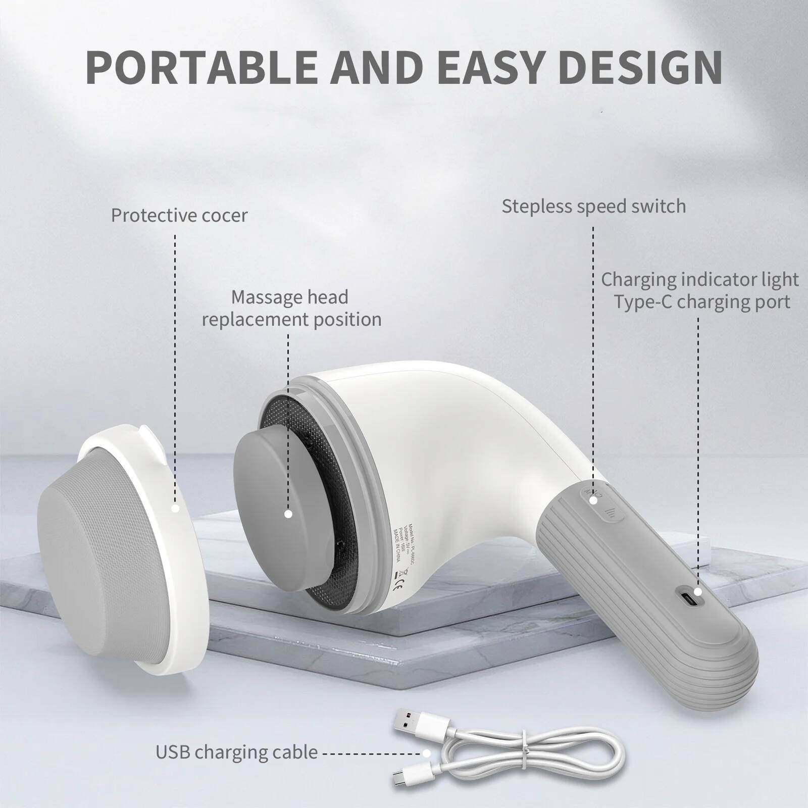 PORTABLE AND EASY DESIGN

- Protective cover
- Massage head replacement position
- Stepless speed switch
- Charging indicator light
- Type-C charging port
- USB charging cable