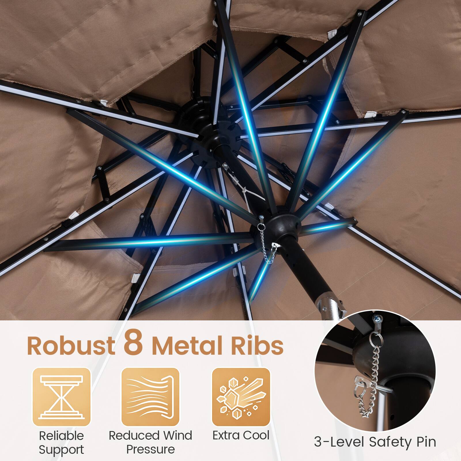 Robust 8 Metal Ribs  
Reliable Support  
Reduced Wind Pressure  
Extra Cool  
3-Level Safety Pin