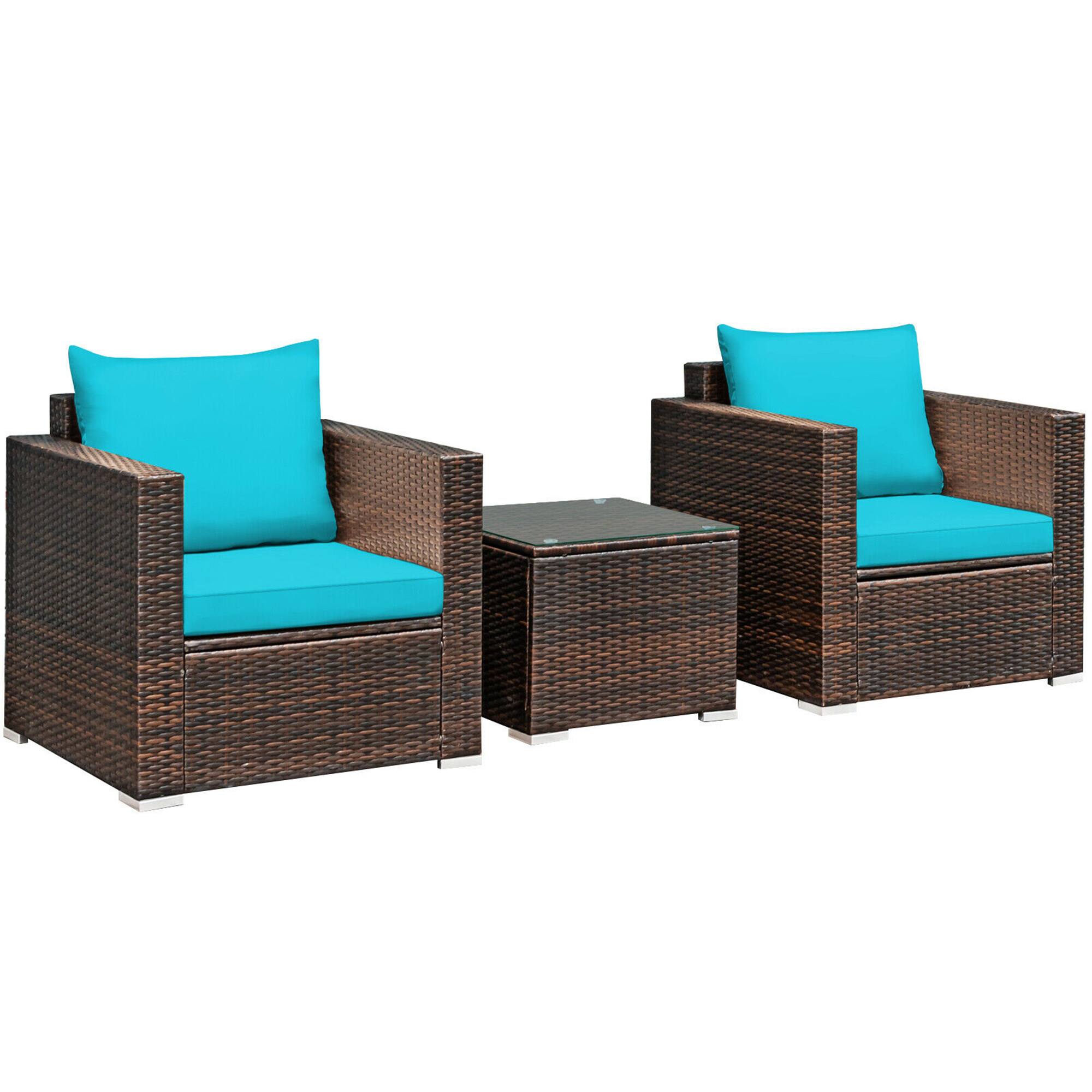Alt View 8. Gymax - Gymax 3PCS Rattan Patio Outdoor Conversation Furniture Set w/ Turquoise Cushions - Turquoise.