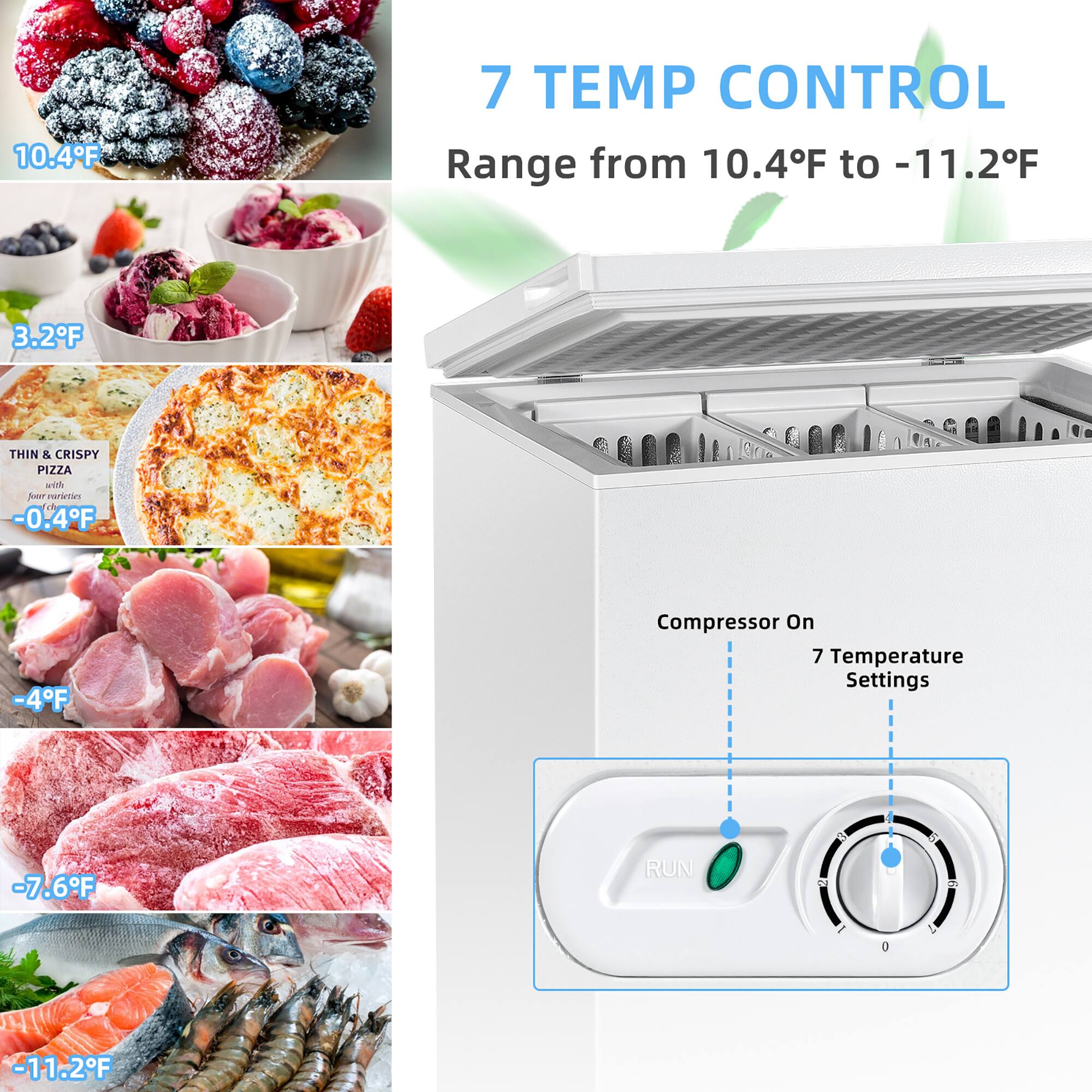 7 TEMP CONTROL Range from 10.4F to -11.2F - 3.2F THIN & CRISPY PIZZA 7 SEER meninirs rB -0.4F -4F Compressor On 7 Temperature Settings -7.6F RUN 6 - 6 2 C 2 11.2F