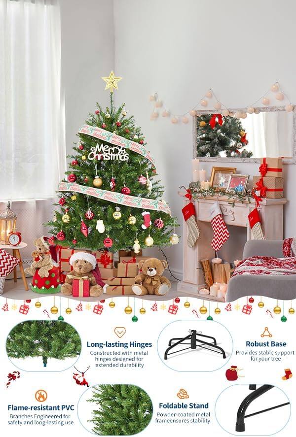 Sure, here is the corrected and grouped text:

---

**Merry Christmas**

- **Long-lasting Hinges**
  - Constructed with metal hinges designed for extended durability

- **Flame-resistant PVC**
  - Branches Engineered for safety and long-lasting use

- **Robust Base**
  - Provides stable support for your tree

- **Foldable Stand**
  - Powder-coated metal frame ensures stability

---