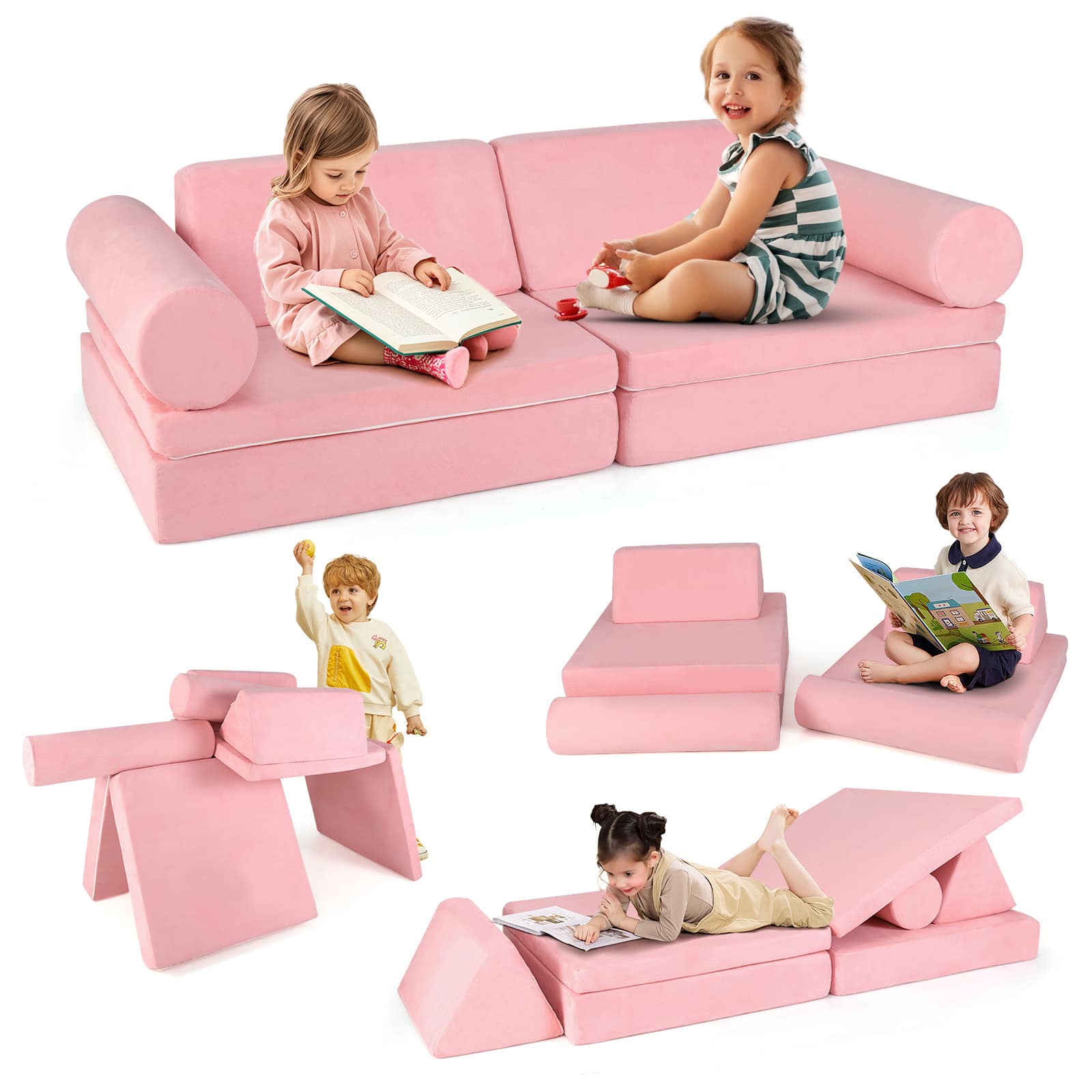 Gymax - 8 Pcs Kids Play Couch Convertible Sectional Floor Sofa w/Removable Suede Cover - Pink