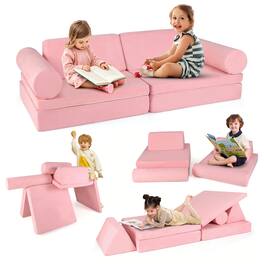 Gymax - 8 Pcs Kids Play Couch Convertible Sectional Floor Sofa w/Removable Suede Cover - Pink