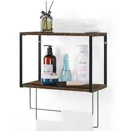 Oumilen - 2 Tier Rustic Wood Wall Mount Towel Shelf with Double Towel Bars, Matte Black Metal Bathroom Floating Storage Rack - Brown