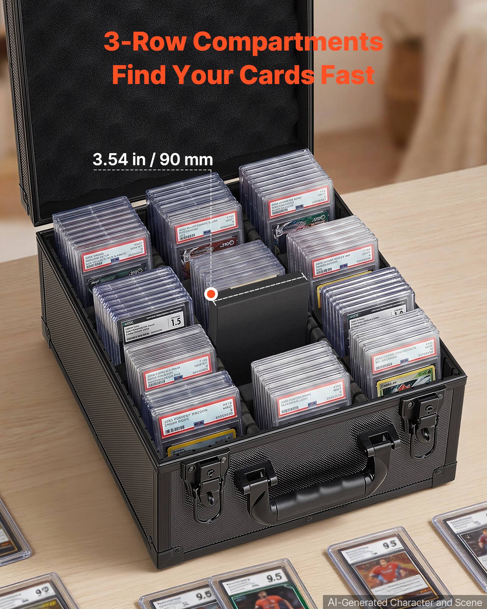 3-Row Compartments Find Your Cards Fast  
3.54 in / 90 mm  

AI-Generated Character and Scene