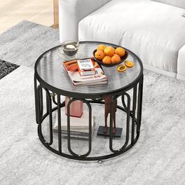 Gymax - 2-Tier 24'' Round Coffee Table w/ Oval Swivel Brackets & Reeded Tempered Glass - Black