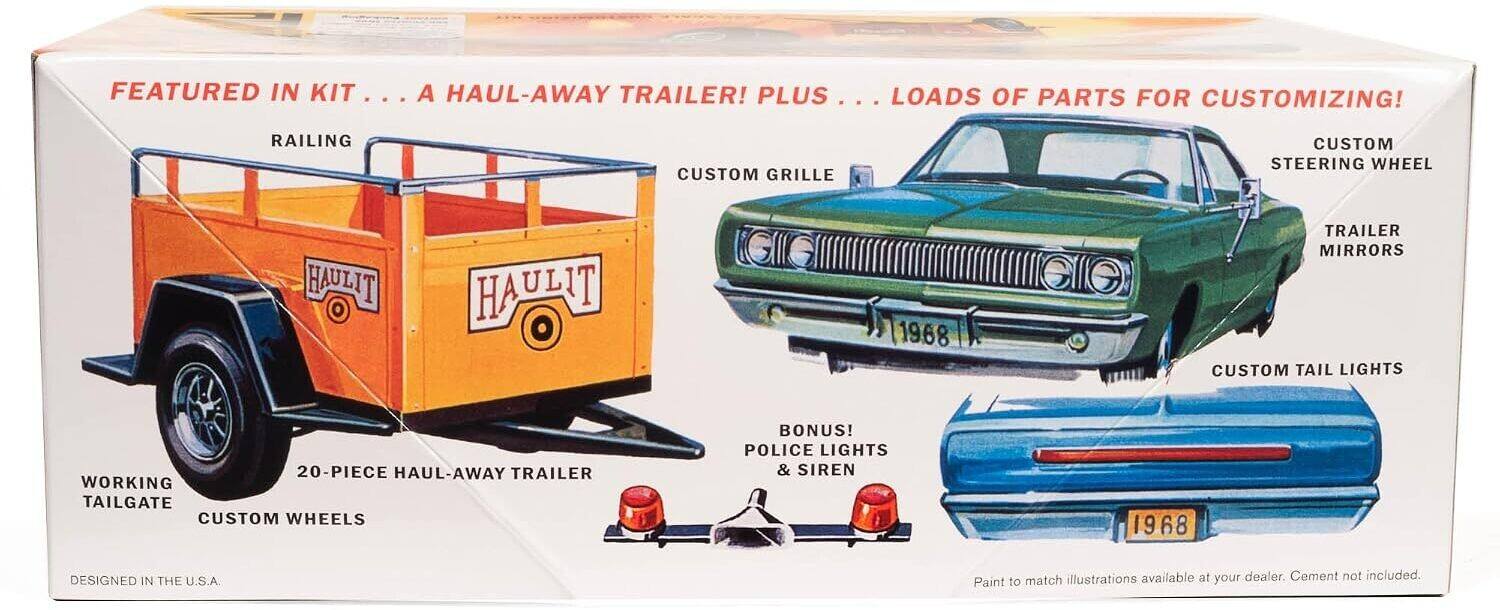 FEATURED IN KIT ... A HAUL-AWAY TRAILER! PLUS LOADS OF PARTS FOR CUSTOMIZING! ... RAILING CUSTOM GRILLE CUSTOM STEERING WHEEL HAULIT HAULIT 19.68 TRAILER MIRRORS CUSTOM TAIL LIGHTS 20-PIECE HAUL-AWAY TRAILER WORKING TAILGATE CUSTOM WHEELS BONUS! POLICE LIGHTS & SIREN 1968 DESIGNED IN THE U.S.A. match illustrations available at your dealer. Cement not included. Paint to